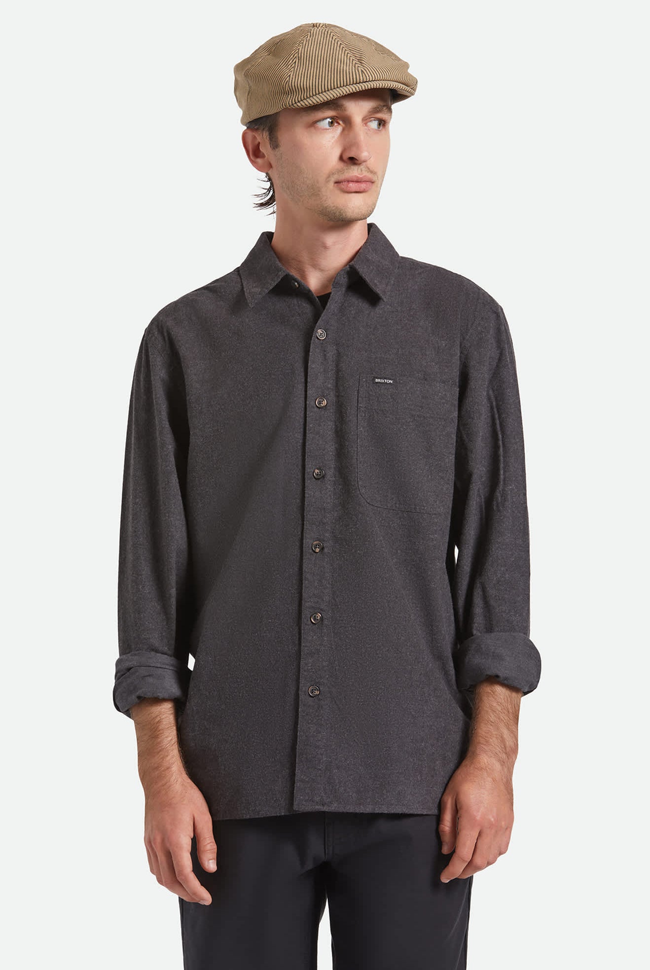 Unisex Brood Newsboy Cap in the color Dark Tan/Black Hickory Stripe - Men's Front View