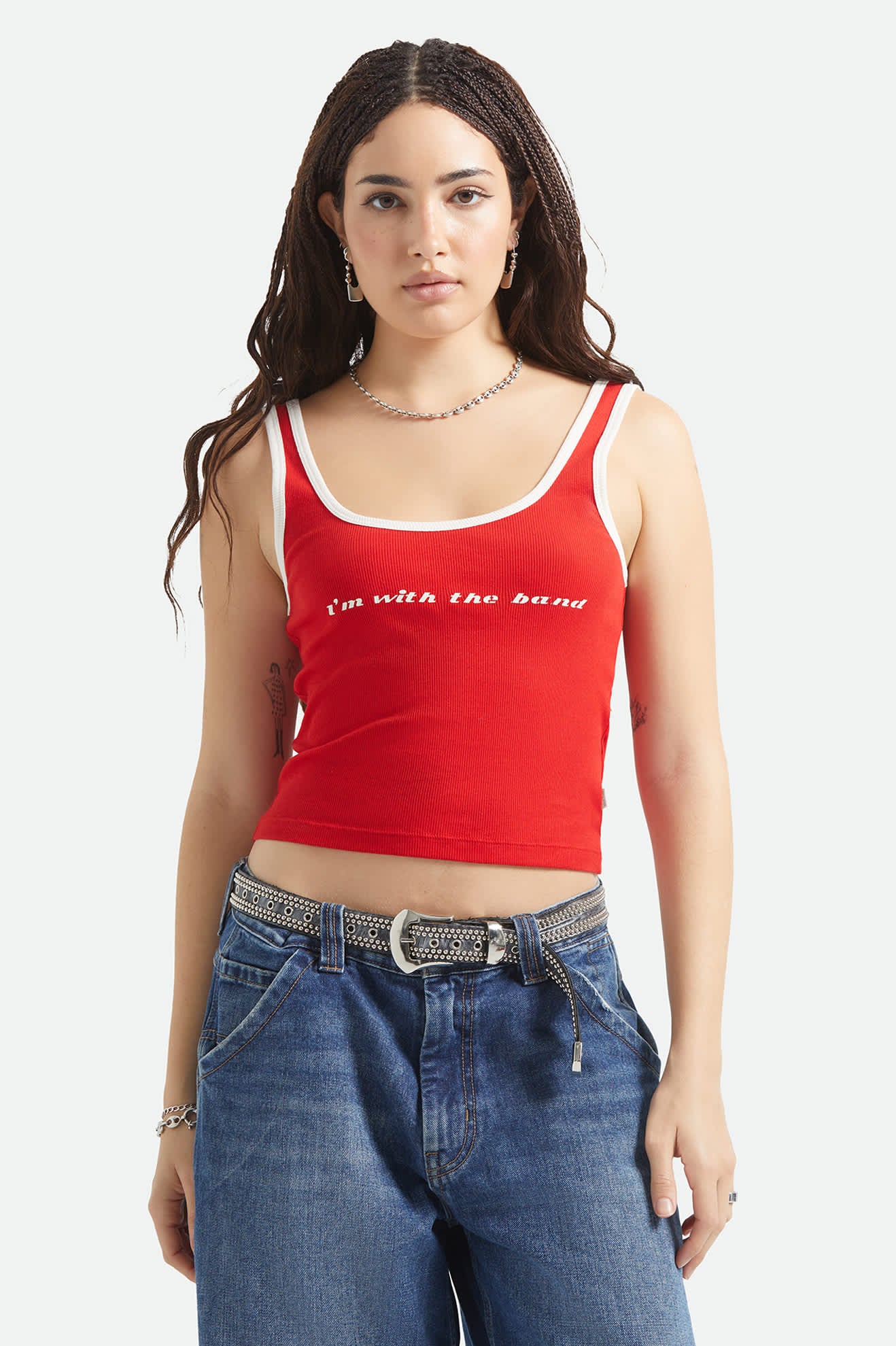 Women's I'm With The Band Ringer A-Tank in the color Adrenaline Rush - Women's Front View