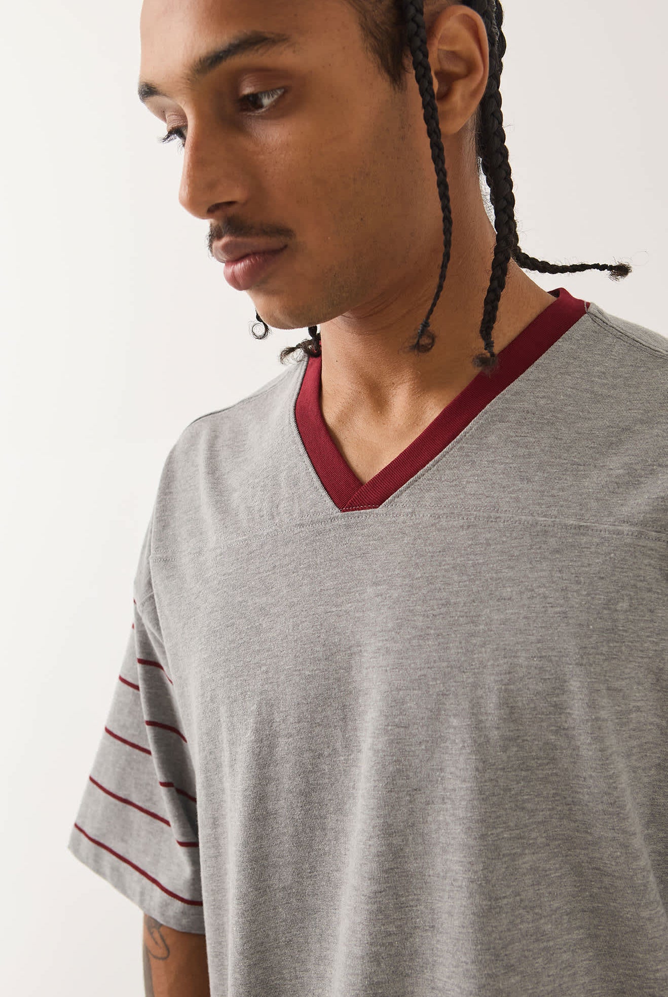 Men's Brixton Football T-Shirt in the color Heather Grey/Maroon - Men's Side View
