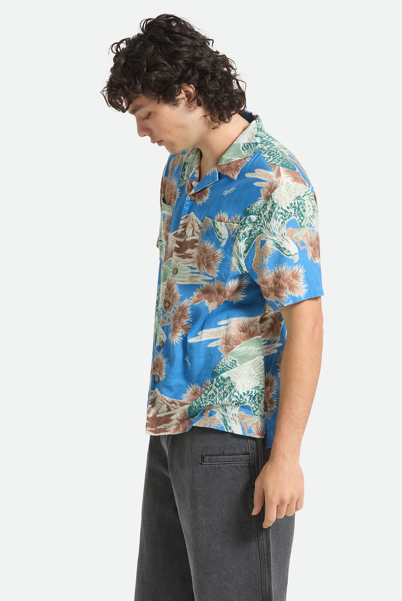 Men's Rainier X Brixton Short Sleeve Shirt in the color Blue Sky - Men's Side View