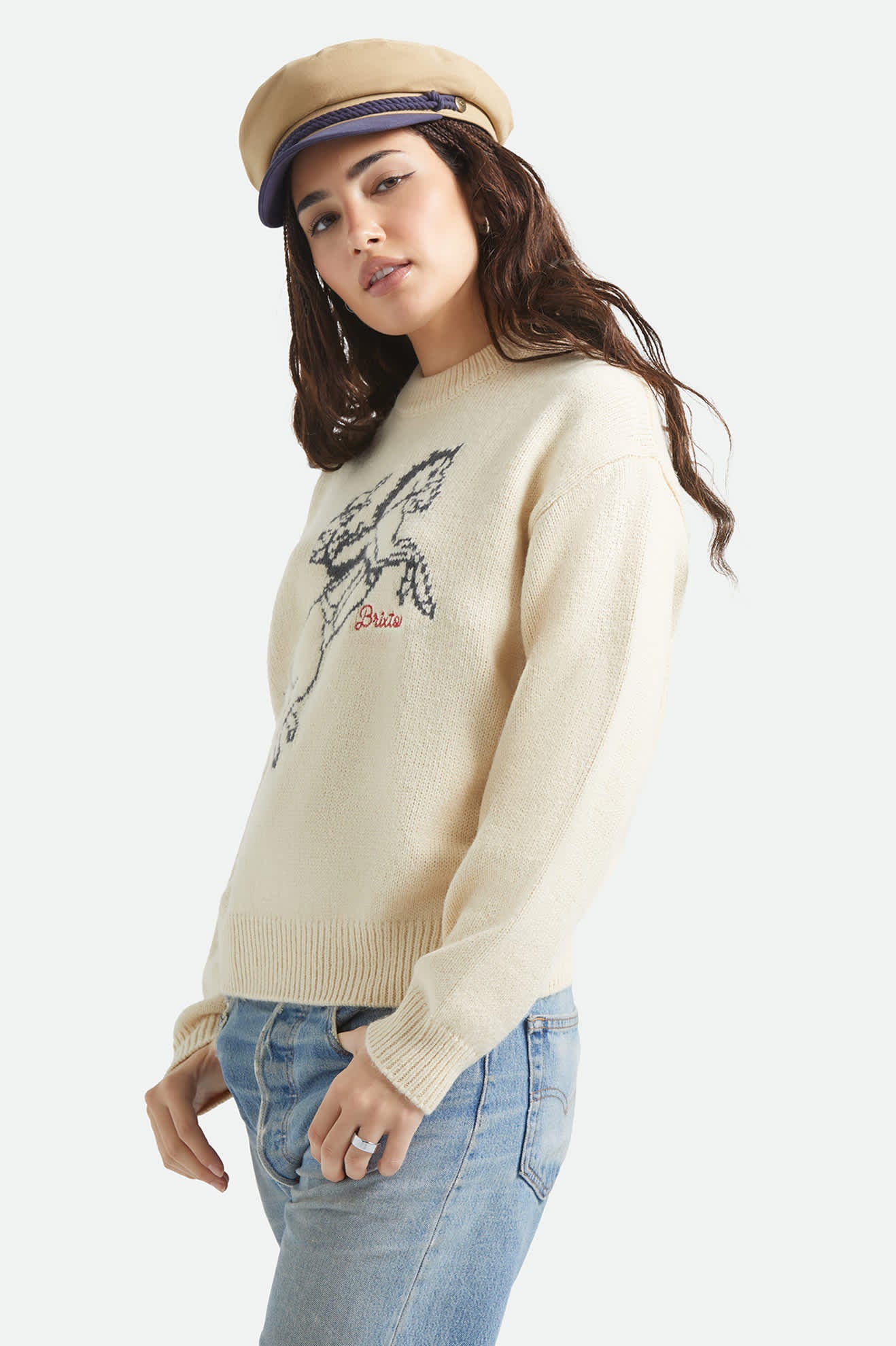 Women's Brixton Ranching Club Crew Sweater in the color Whitecap - Women's Side View