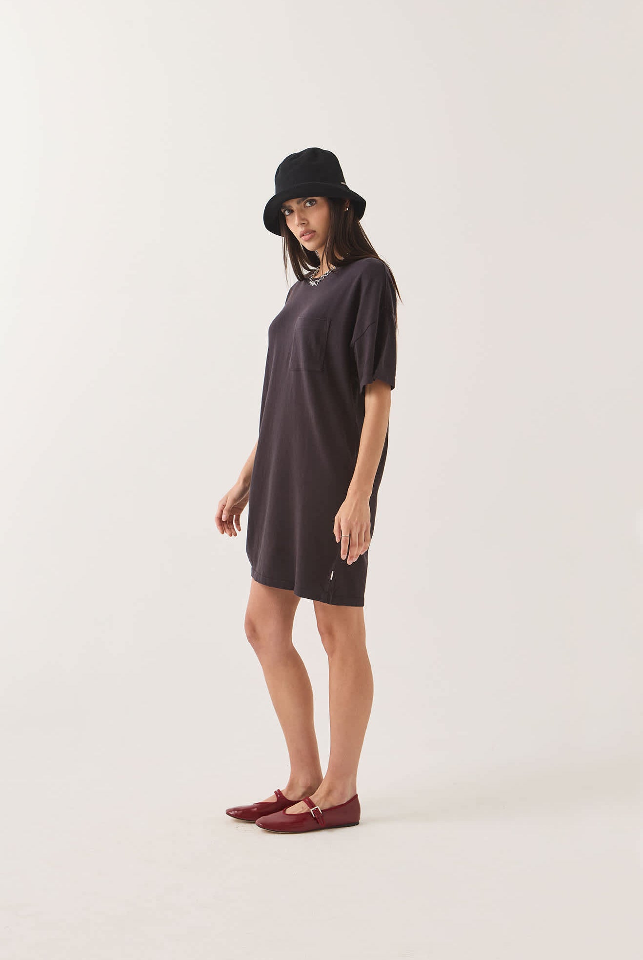 Women's Carefree Organic Garment Dye T-Shirt Dress in the color Black - Women's Side View