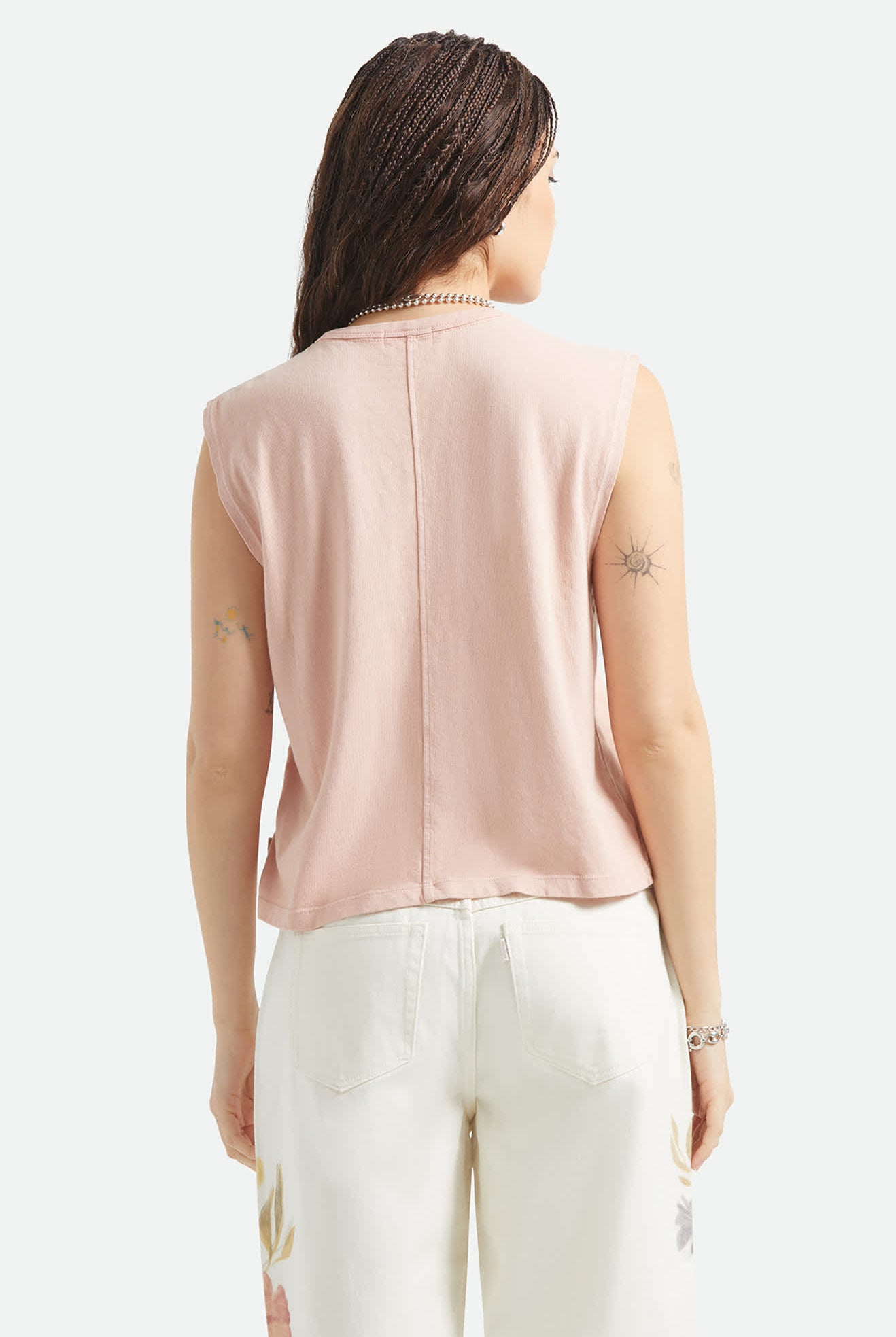 Women's Carefree Organic Garment Dye Muscle Tank in the color Silver Pink - Women's Back View