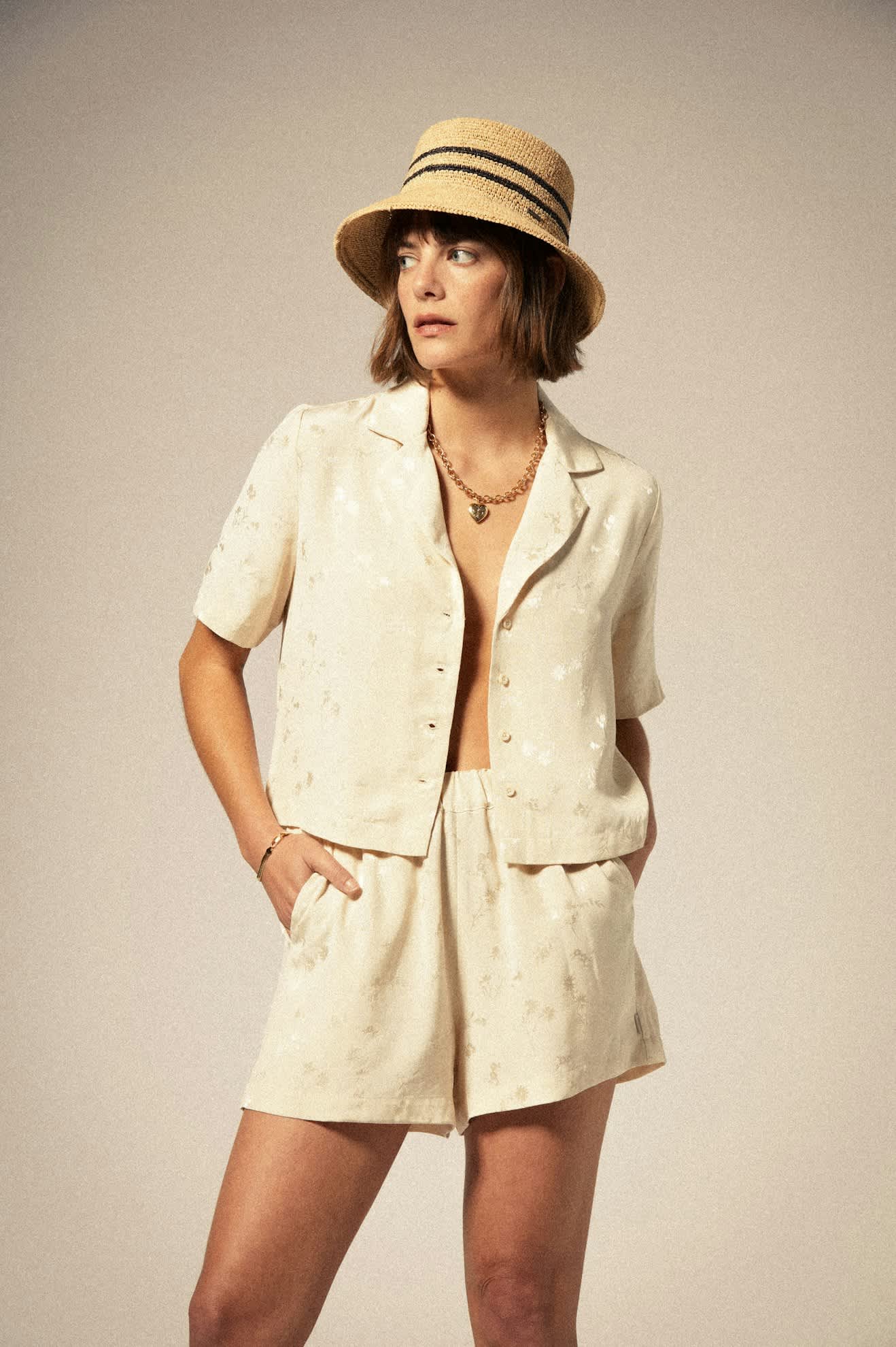 Women's Silky S/S Jacquard Button Down in the color Whitecap Floral Jacquard - Women's Front View