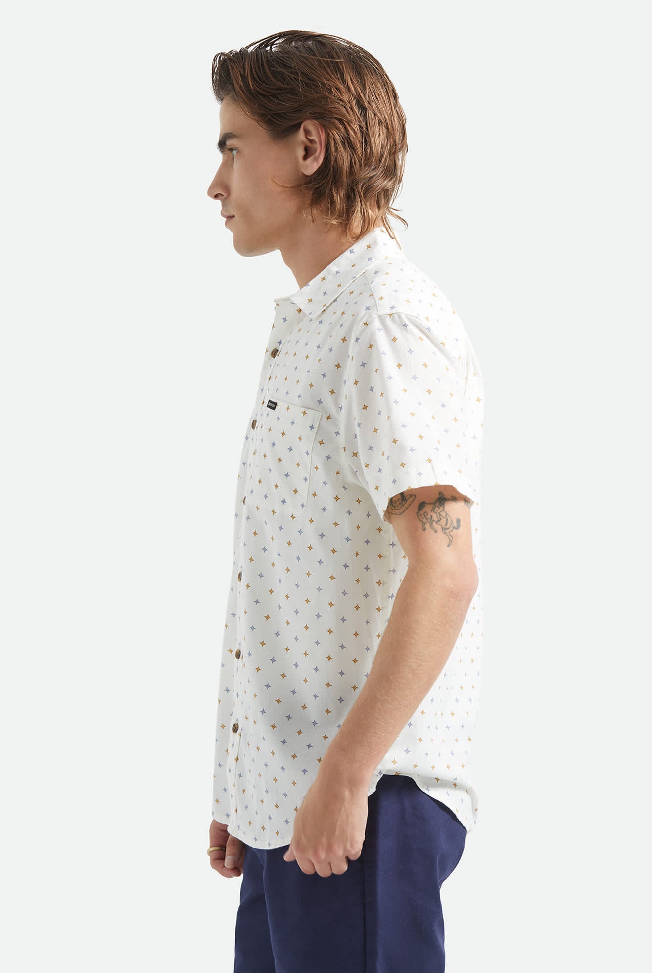 Men's Charter Print Short Sleeve Shirt in the color Off White/Multi Diamond Tile - Men's Side View