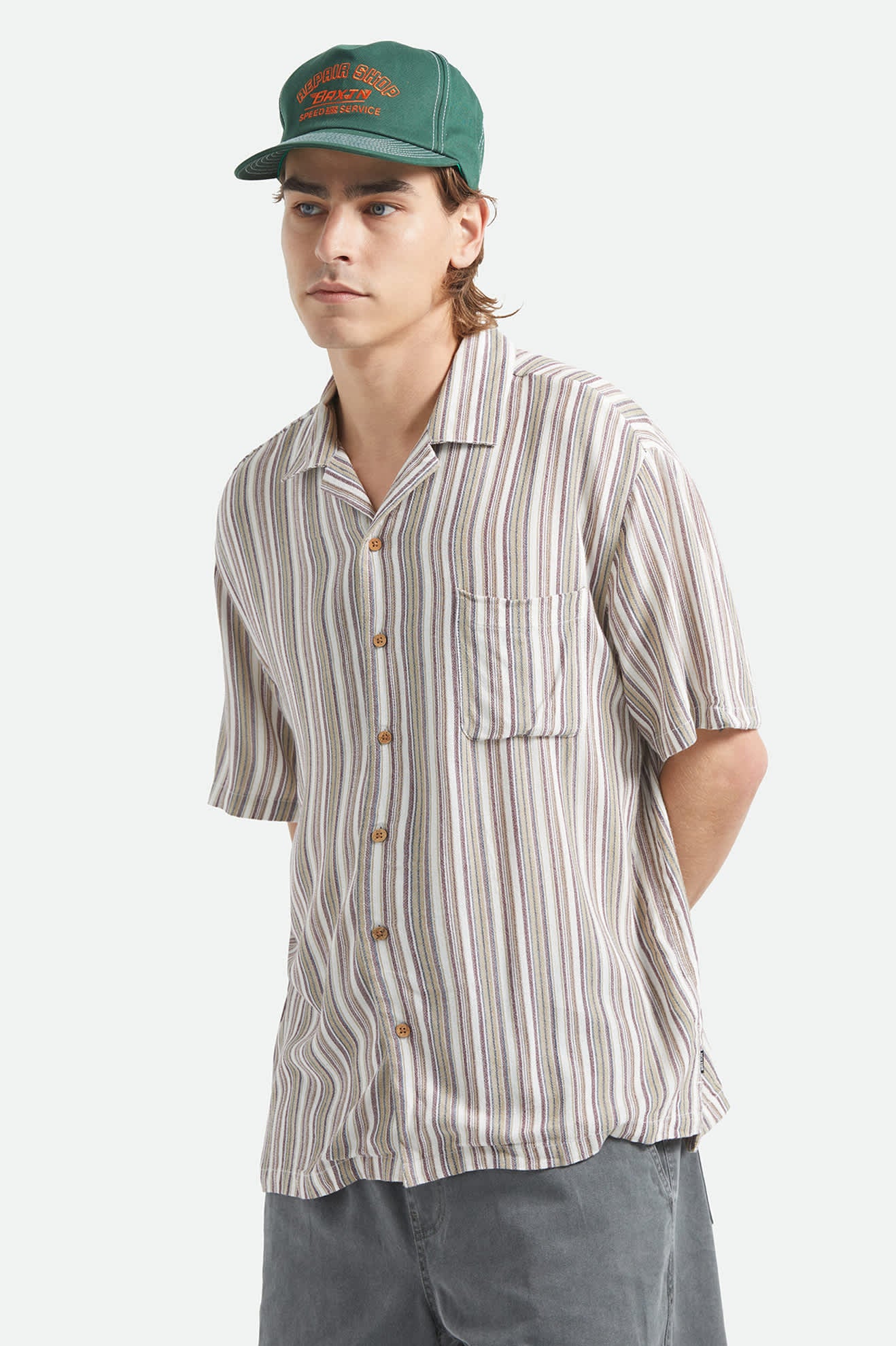 Men's Bunker Twisted Stripe Short Sleeve Camp Collar Shirt in the color Robust Red - Additional Fit image