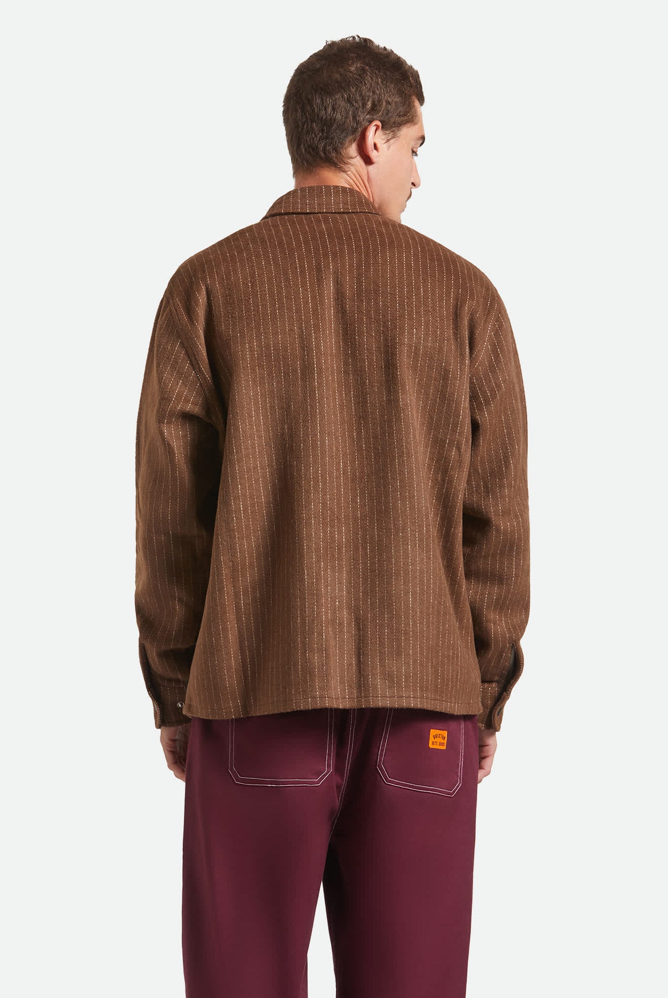 Men's Selden Soft Brushed Flannel in the color Pinecone Brown Pinestripe - Men's Side View