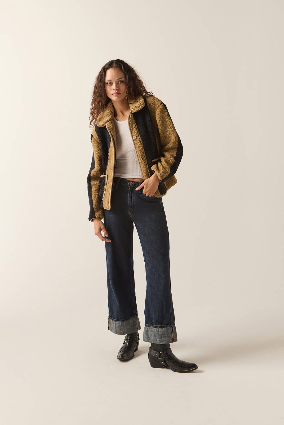Women's Delilah Sherpa Jacket in the color Khaki/Black Stripe - Women's Front View
