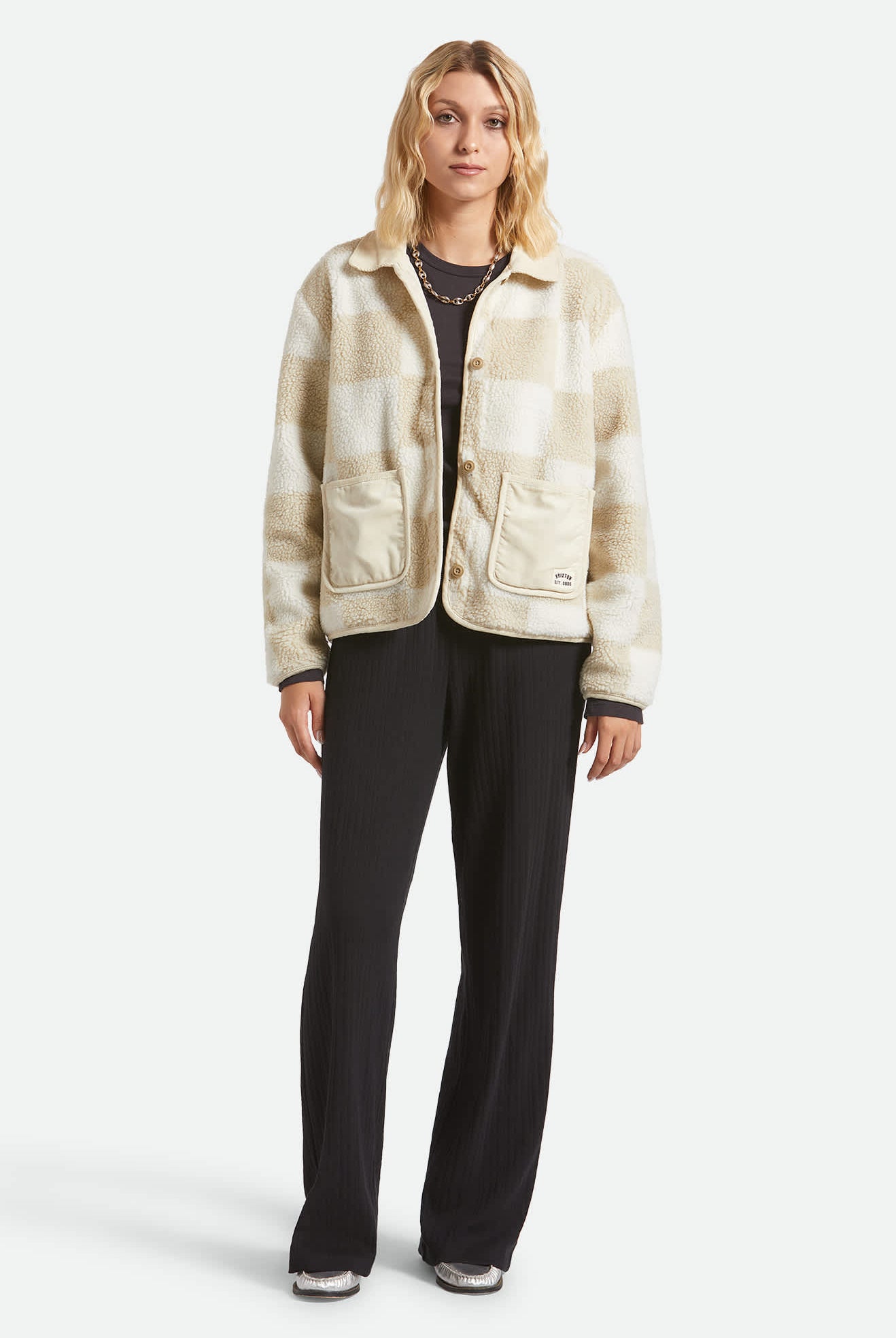 Women's Delilah Sherpa Jacket in the color White/Natural Finish Line Checker - Additional Fit image