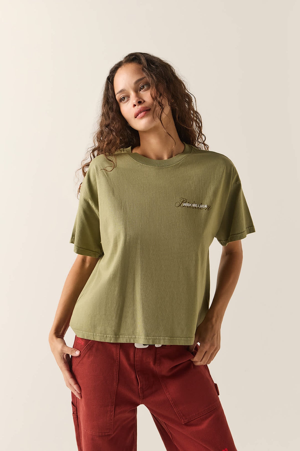 Women's Wish Me Luck Boxy Crop T-Shirt in the color Olive Surplus - Women's Front View
