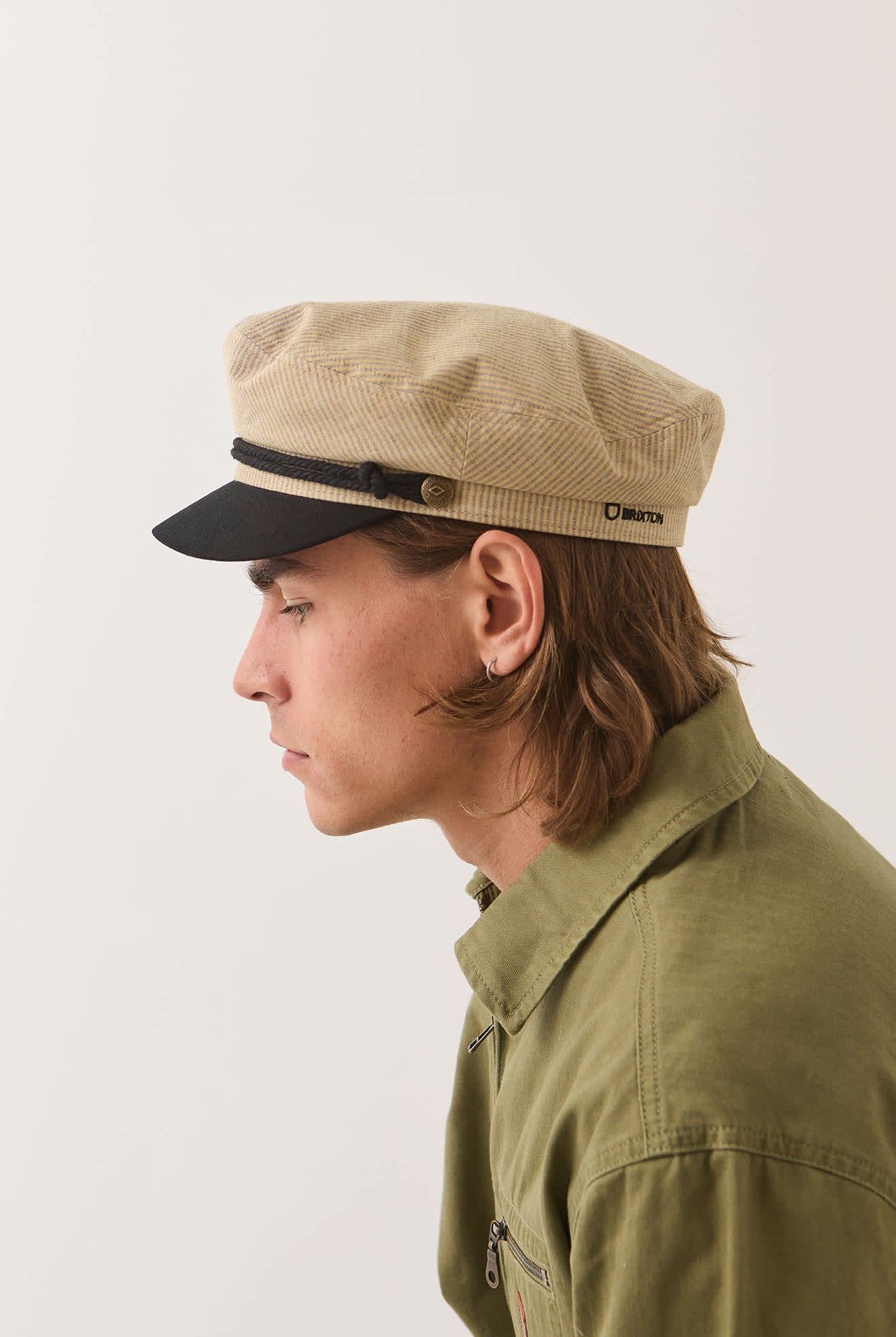 Women's Fiddler Fisherman Cap in the color Khaki Stripe/Washed Black - Men's Side View
