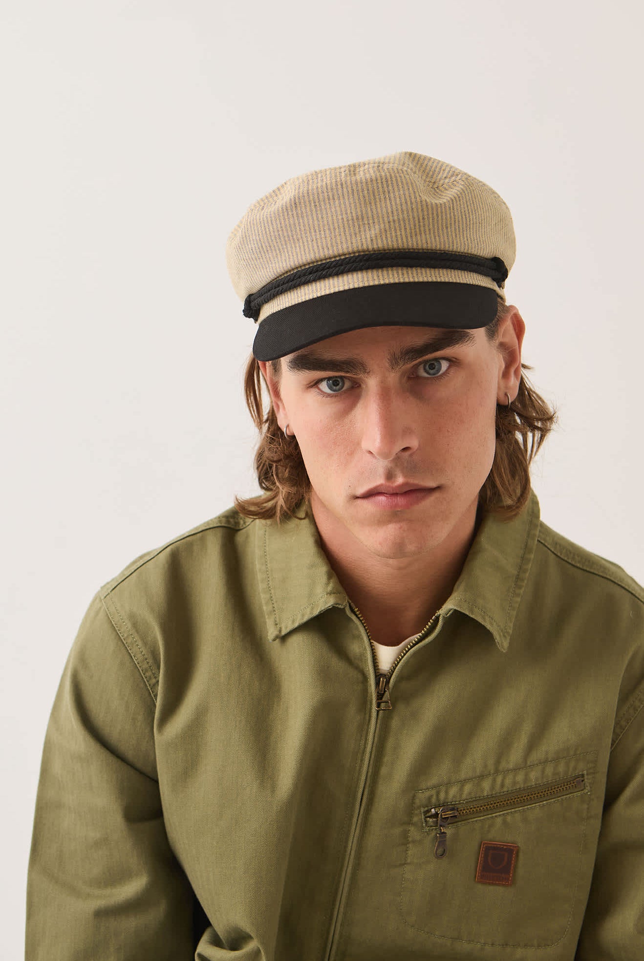 Women's Fiddler Fisherman Cap in the color Khaki Stripe/Washed Black - Men's Front View