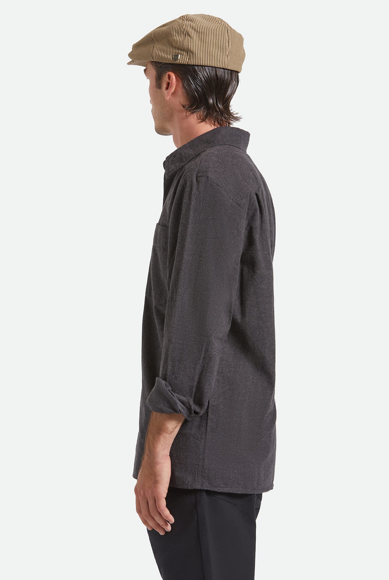 Unisex Brood Newsboy Cap in the color Dark Tan/Black Hickory Stripe - Men's Back View