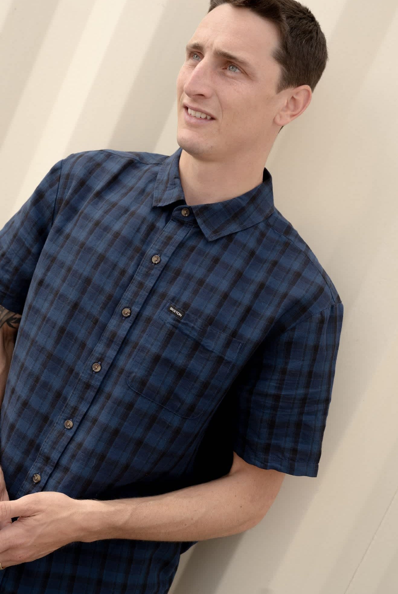 Men's Cru Linen Blend Plaid Short Sleeve Shirt in the color Dark Blue/Black Plaid - Men's Lifestyle image