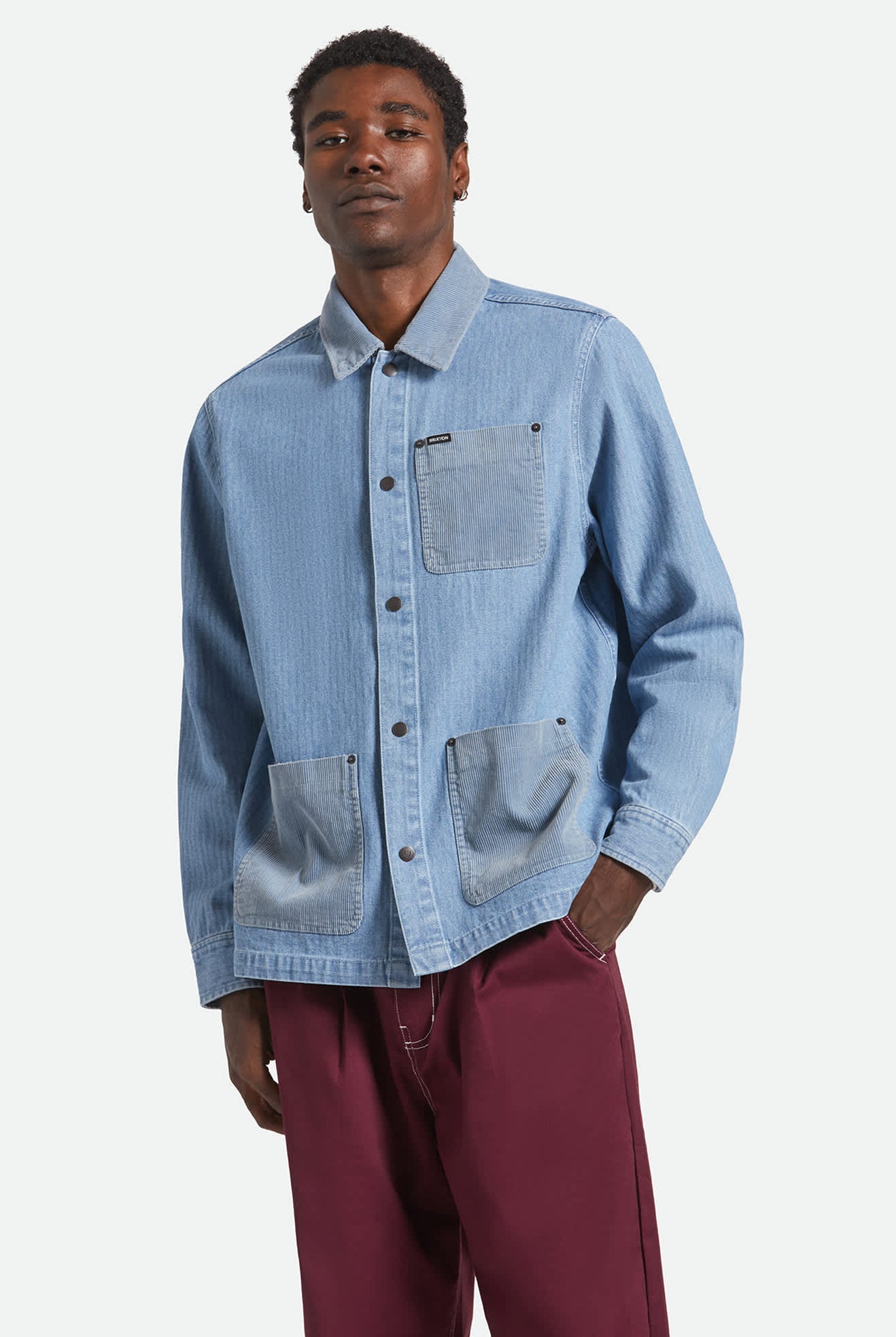 Men's Herringbone Lightweight Chore Coat in the color Light Wash Denim Herringbone - Men's Front View