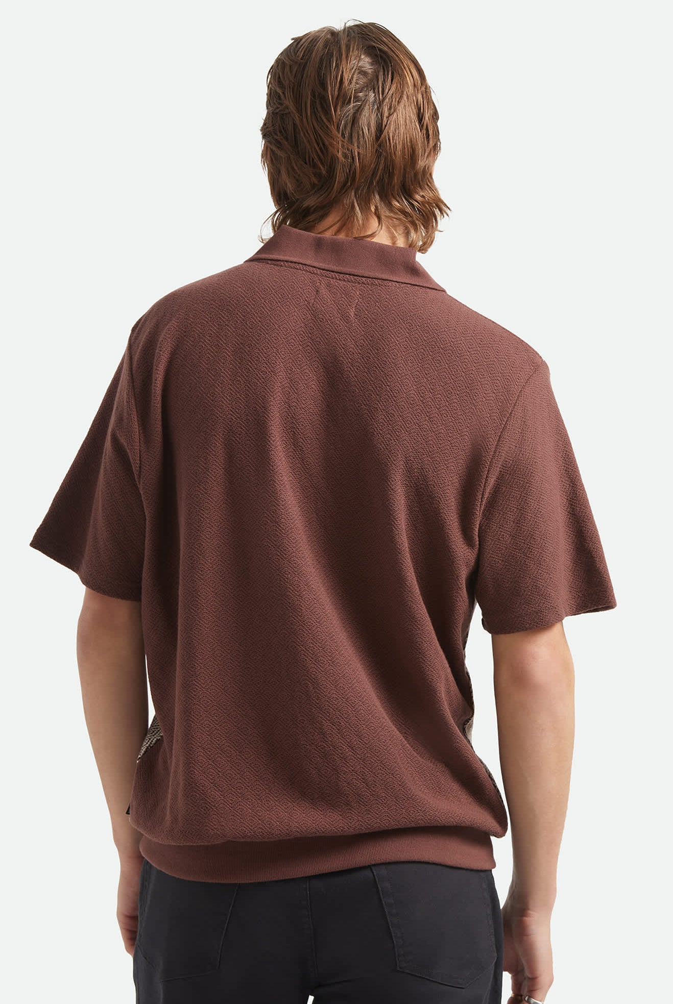 Men's Theo Jacquard Short Sleeve Polo in the color Chocolate/Off White - Men's Back View