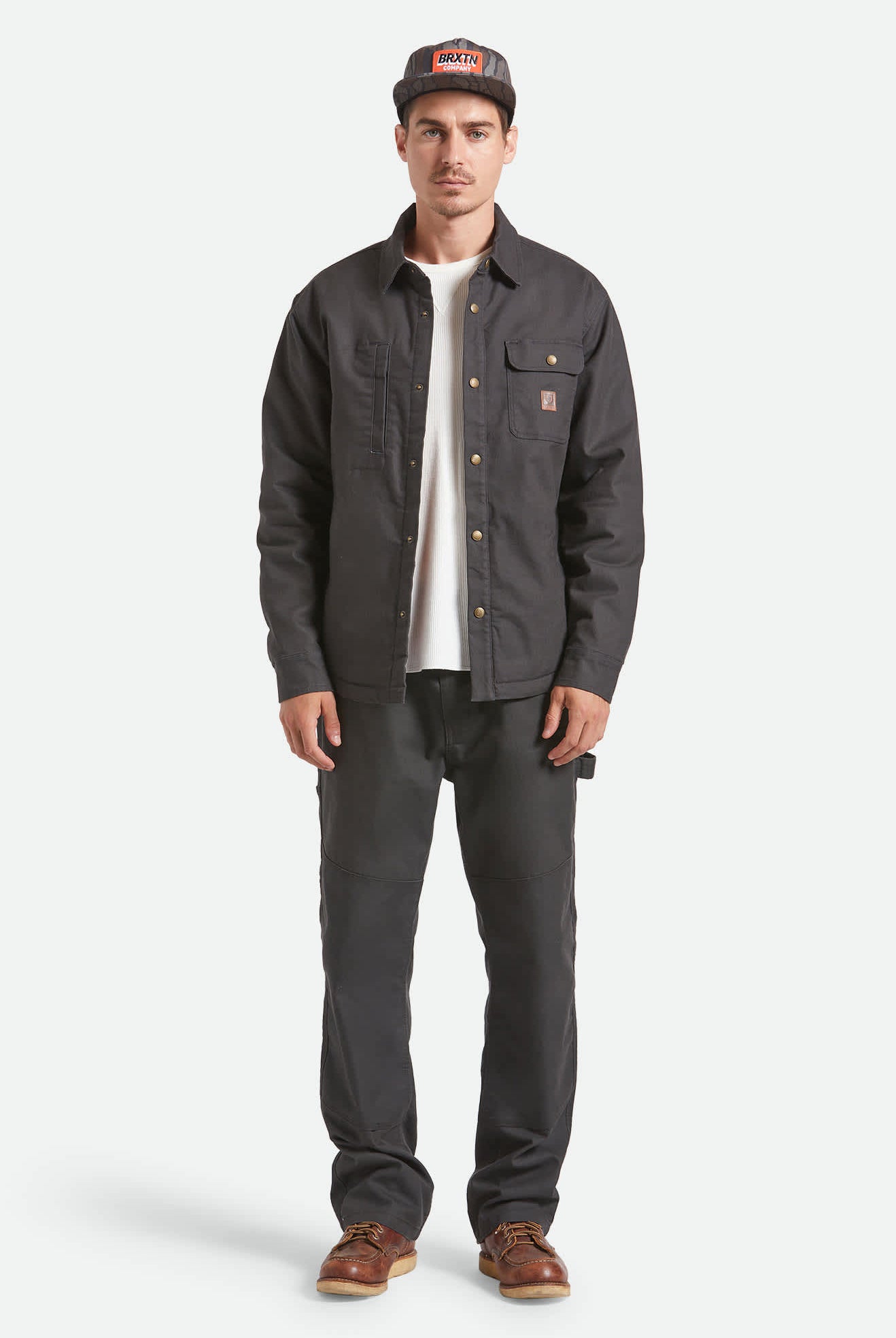 Men's Builders Stretch Flannel Lined Jacket in the color Washed Black/Red - Men's Front View