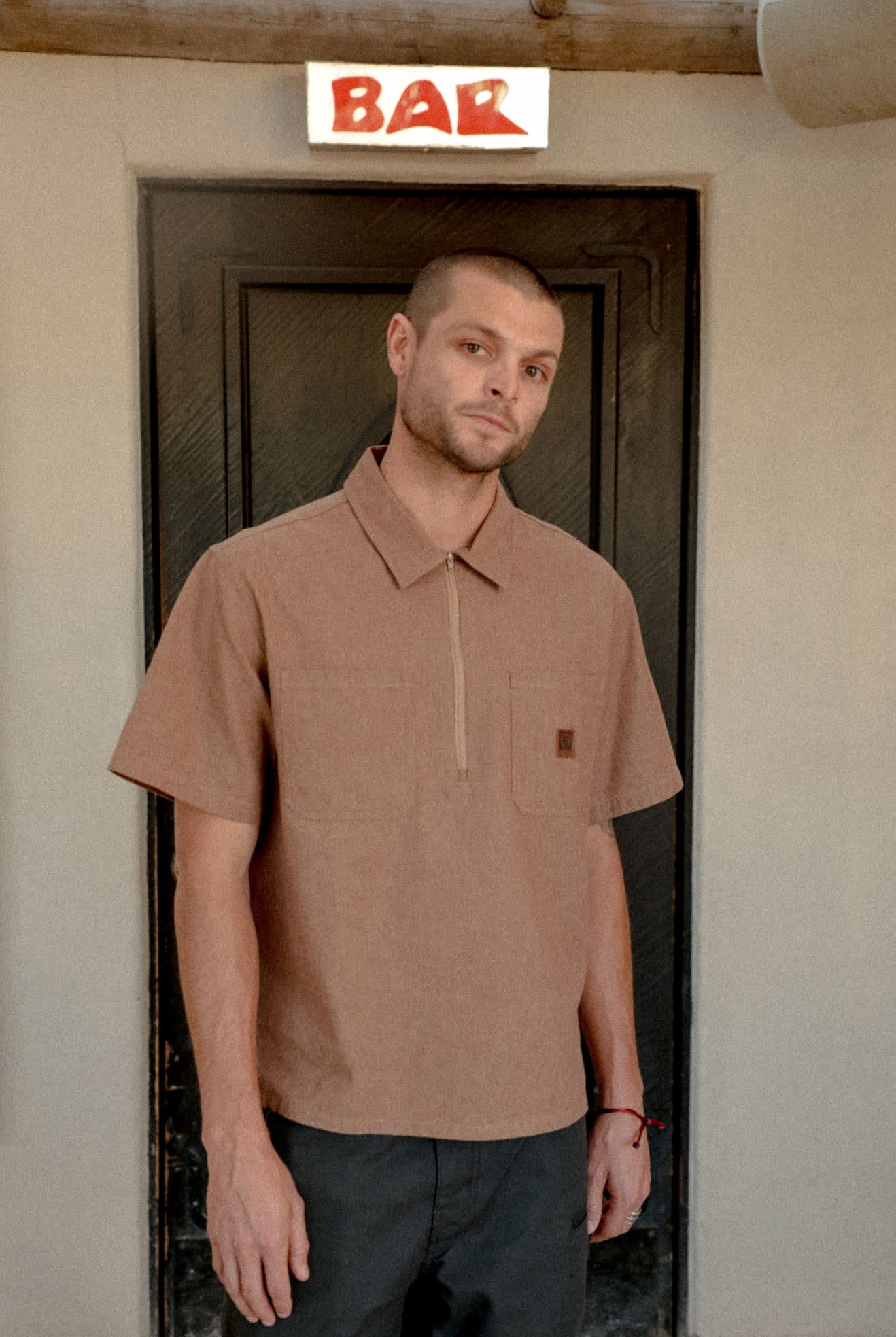 Men's Brakeman Half Zip Short Sleeve Shirt in the color Brown/Tan Stripe - Men's Lifestyle image