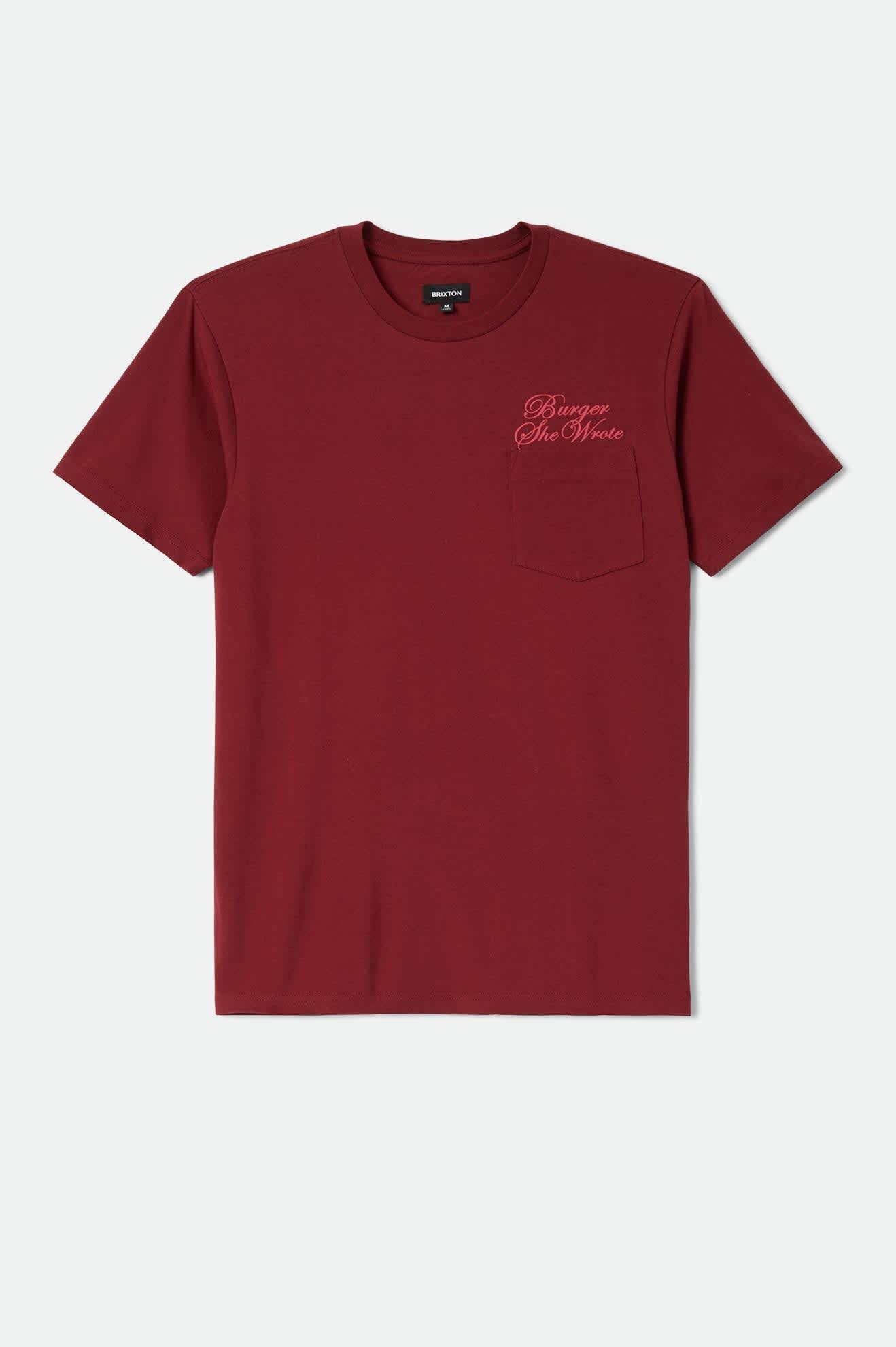Men's Burger She Wrote Pocket T-Shirt in the color Burgundy - Front Product View