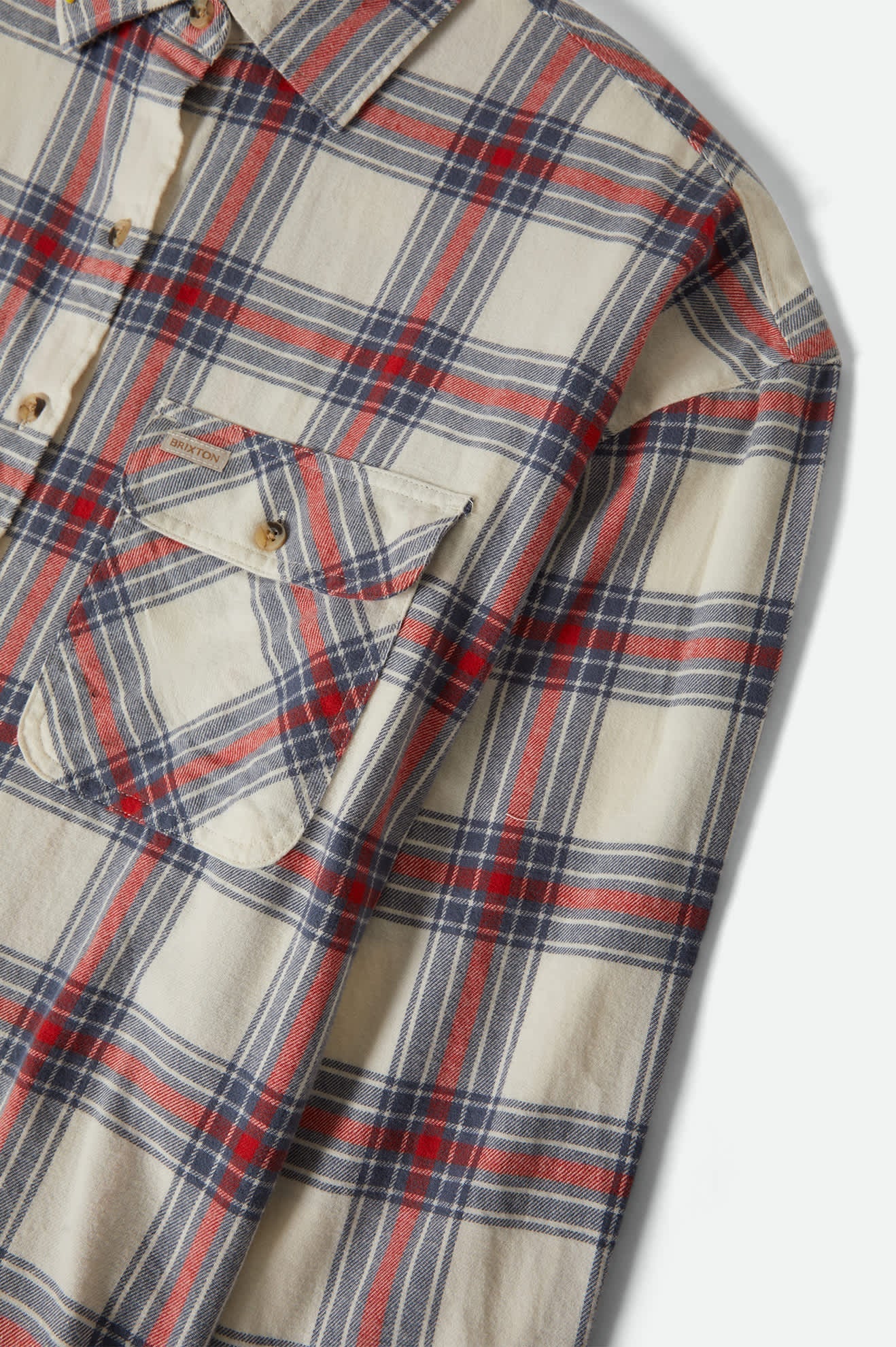 Women's Bowery Vintage Overshirt in the color Off White/Berring Sea/Red - Additional Laydown image