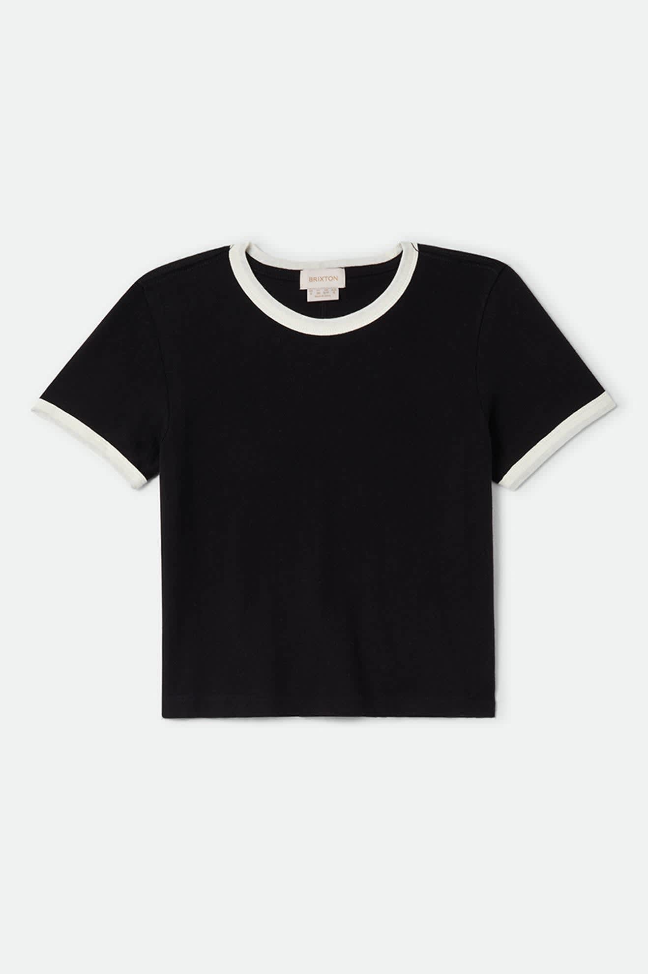 Women's Carefree Organic Garment Dye Ringer T-Shirt in the color Black/Off White - Front Product View