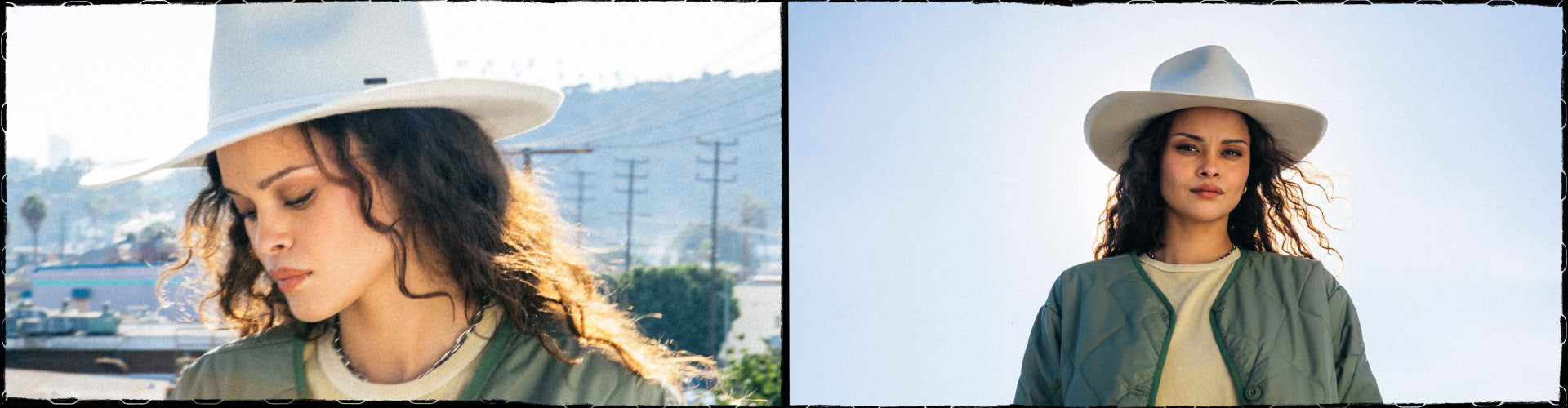 Side-by-side comparison of a woman wearing a white cowboy hat.