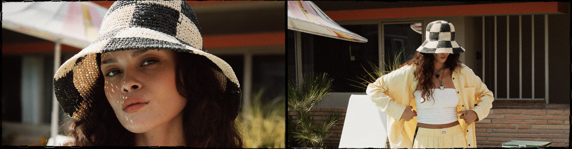 Woman wearing a checkered bucket hat in two different outdoor settings.