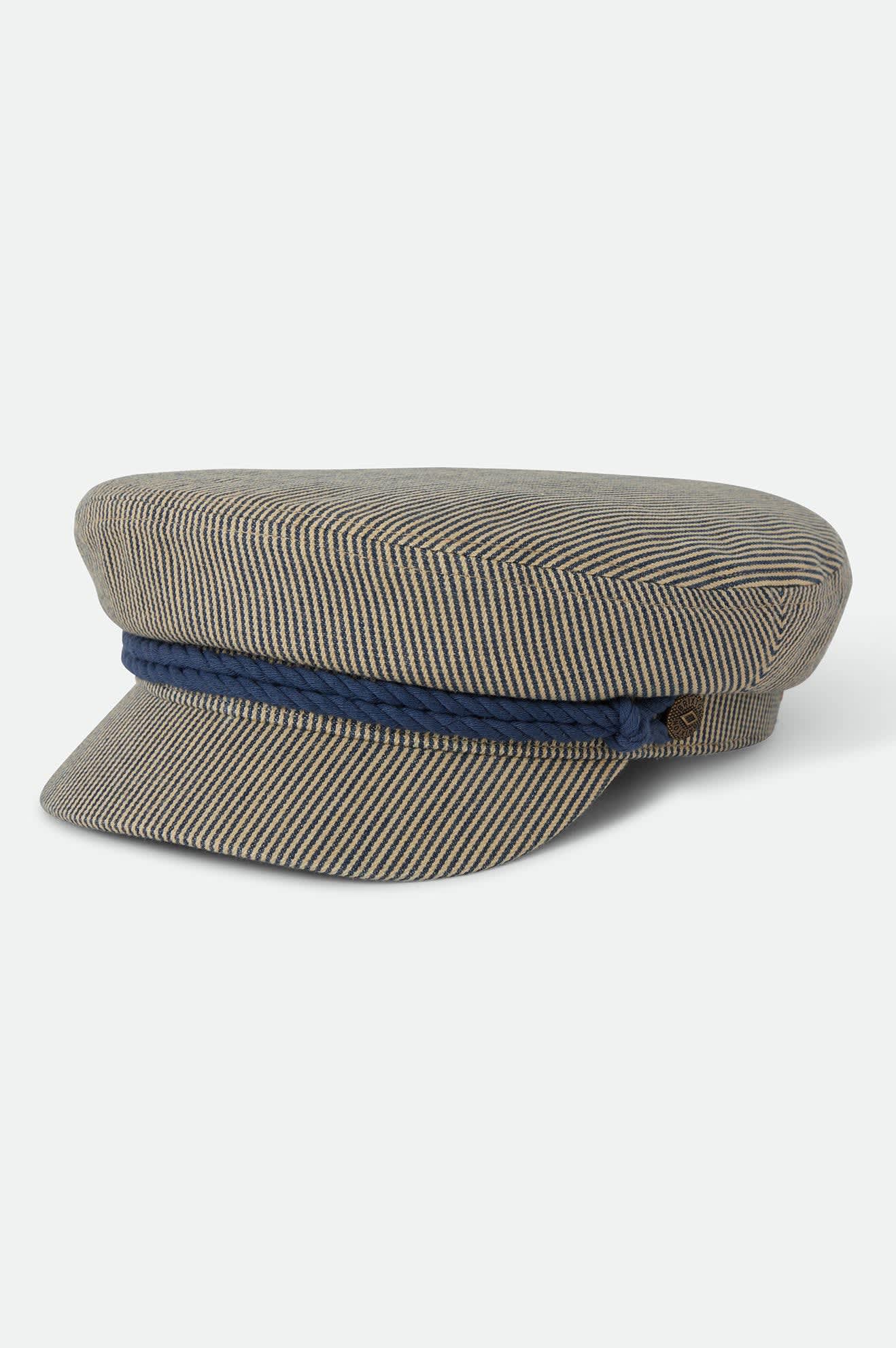 Unisex 76 Fiddler Fisherman Cap in the color Navy/Off White Hickory Stripe - Front Product View