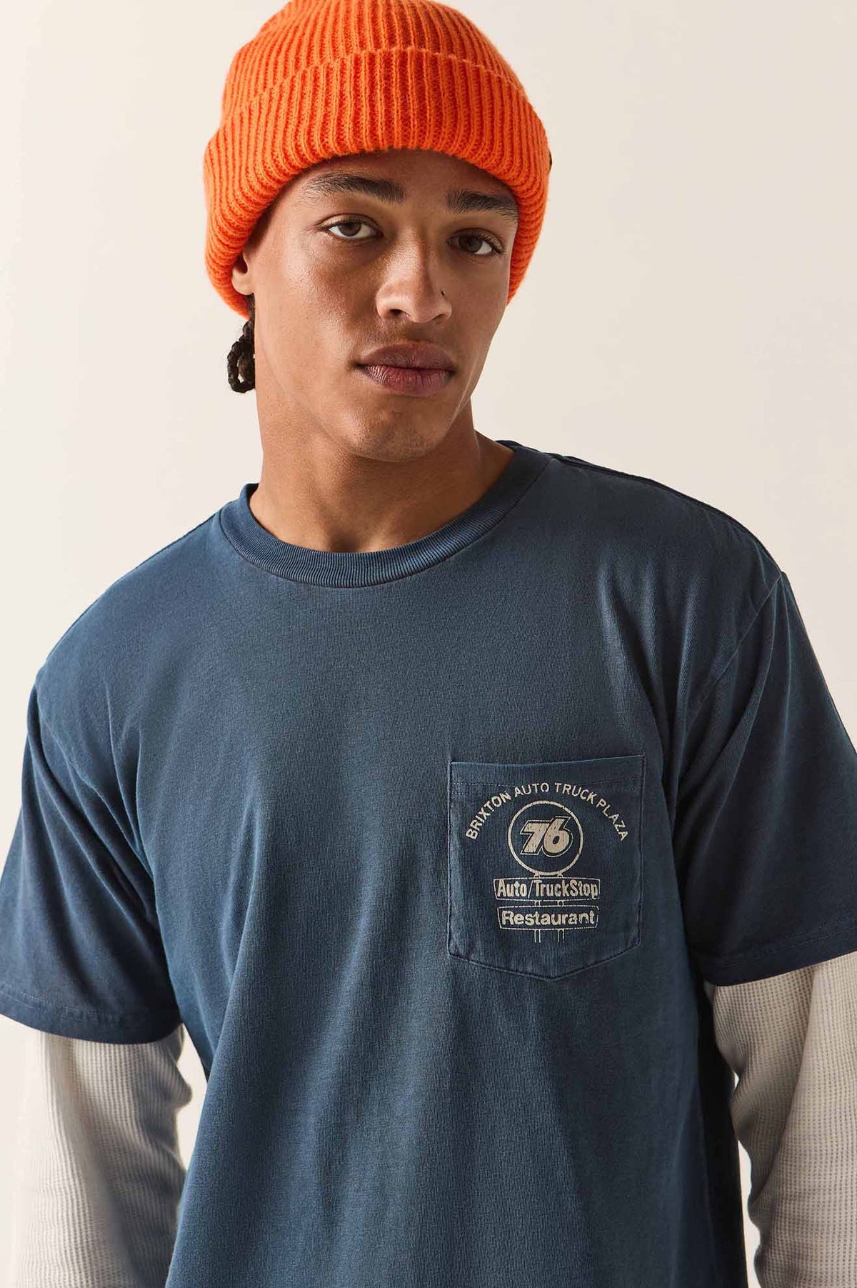 Men's 76 Truck Stop Pocket T-Shirt in the color Washed Navy - Additional Fit image