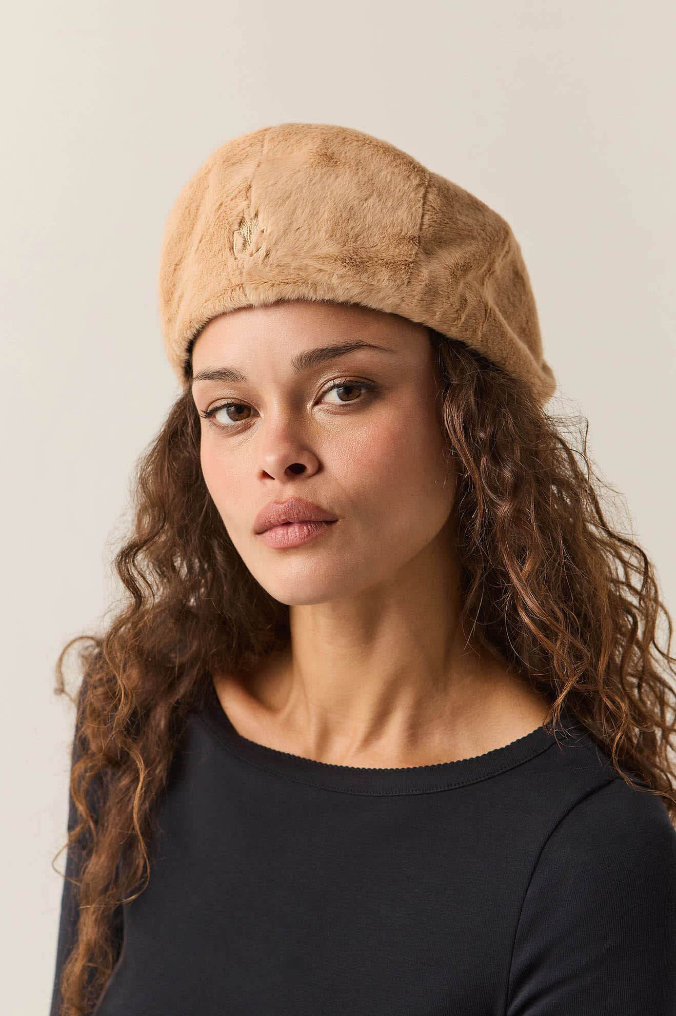 Unisex Century Barrel Snap Cap in the color Natural Faux Fur - Women's Front View