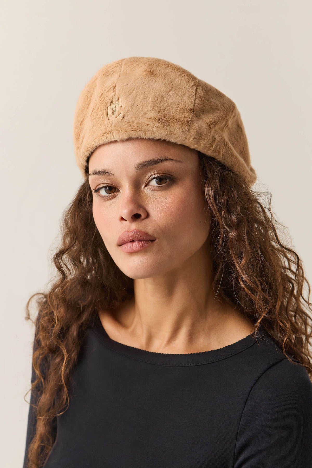 Unisex Century Barrel Snap Cap in the color Natural Faux Fur - Women's Front View