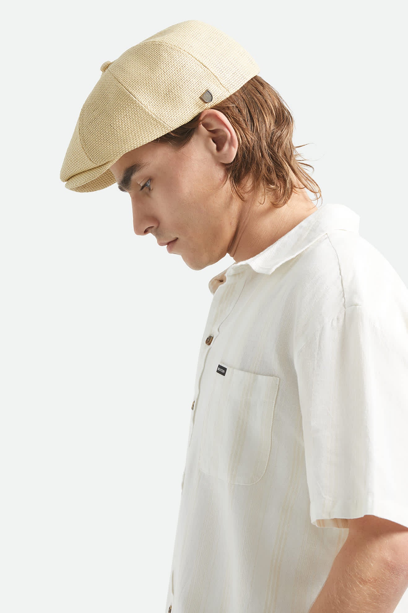 Unisex Brood Newsboy Cap in the color Dark Tan Straw - Men's Side View