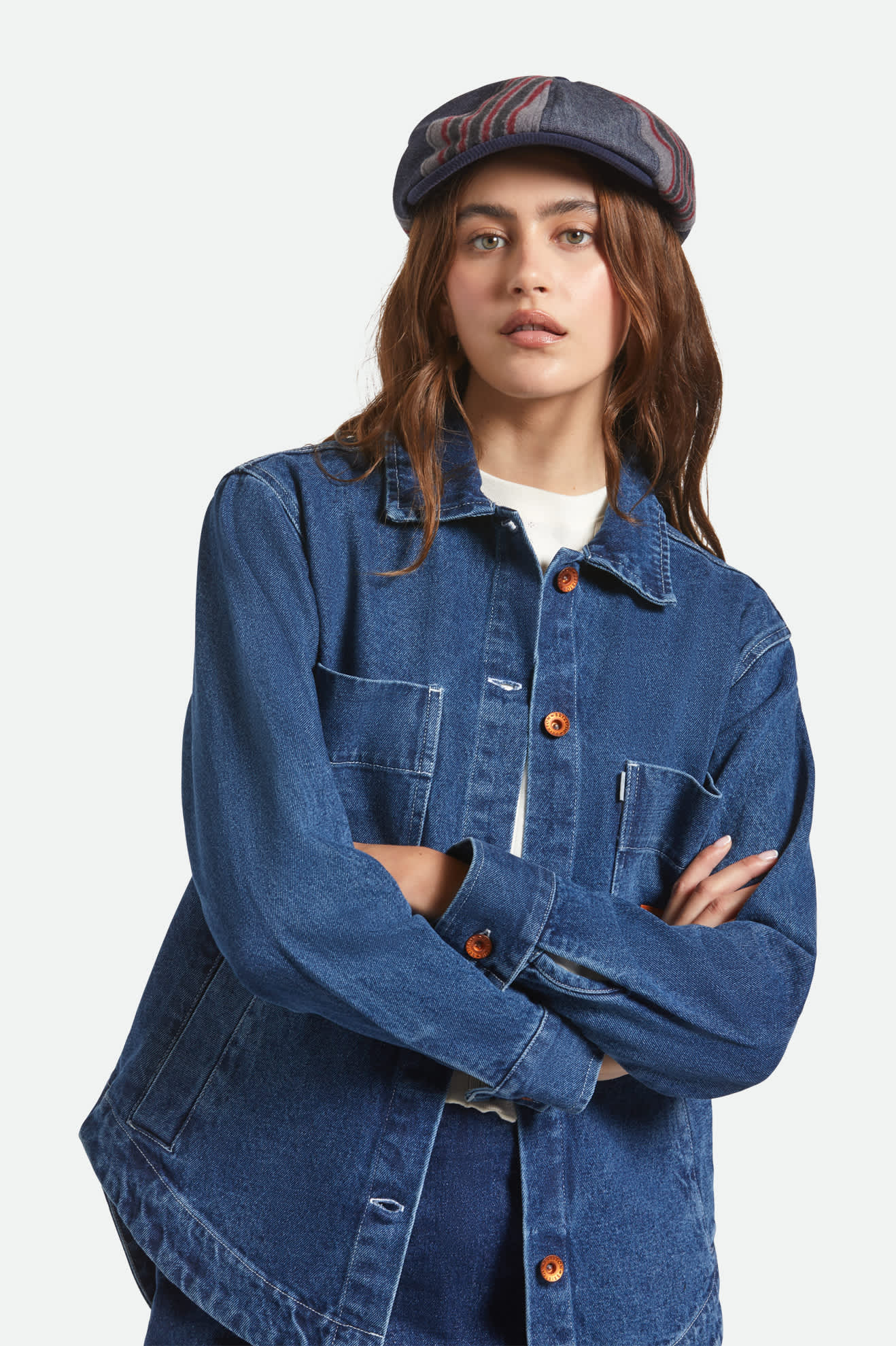 Unisex Altered Threads Brood Baggy Snap Cap in the color Medium Wash Denim - Women's Front View