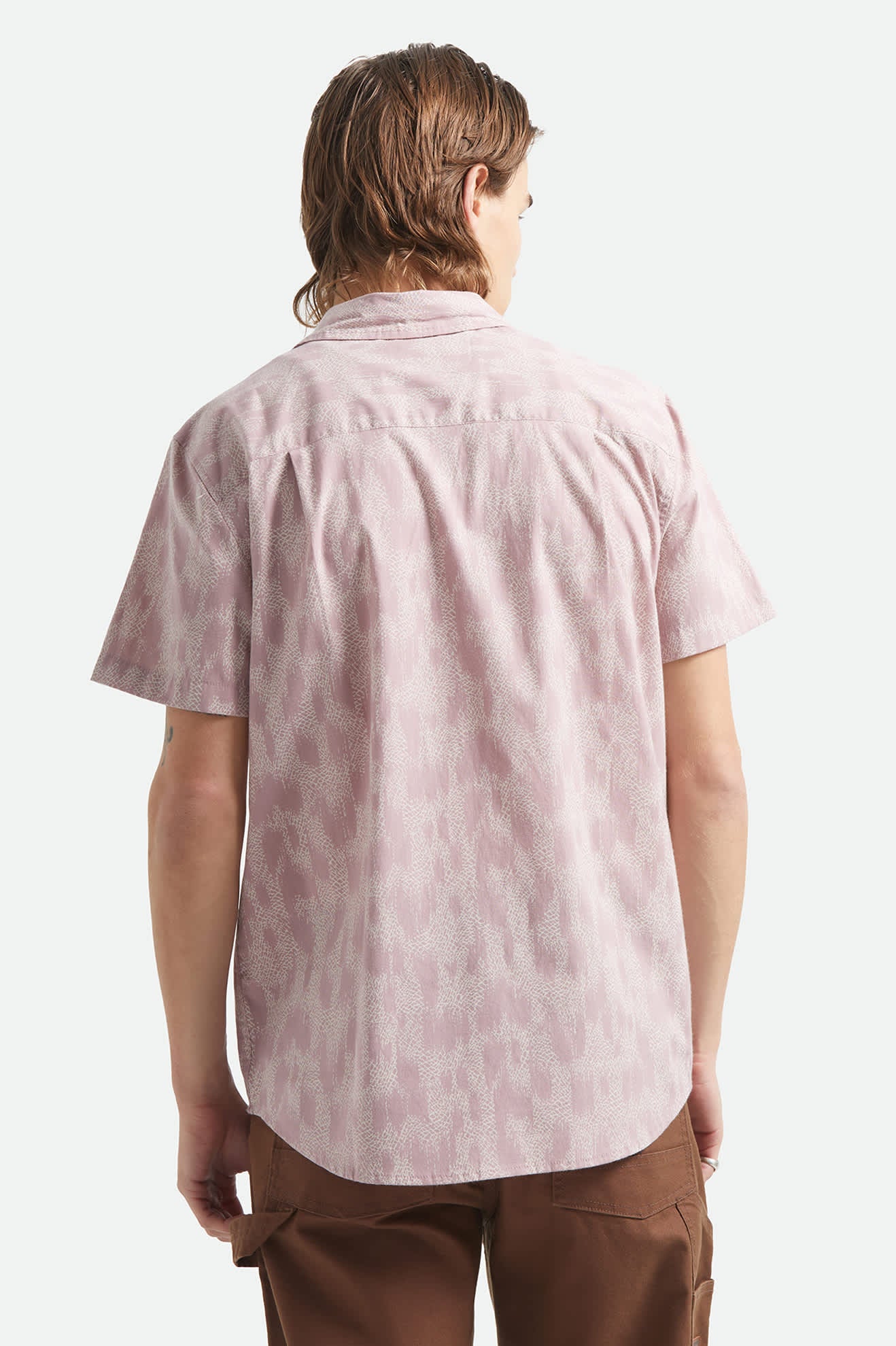 Men's Charter Print Short Sleeve Shirt in the color Dark Pink/Silver Crackle Paint - Men's Back View
