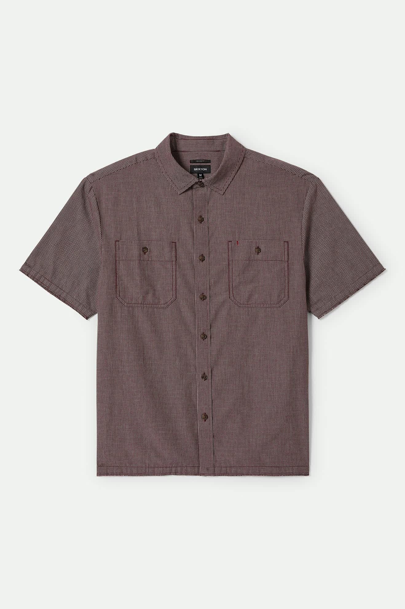 Men's CRU Micro Plaid Relaxed S/S Shirt in the color Cordovan Red Micro Plaid - Front Product View