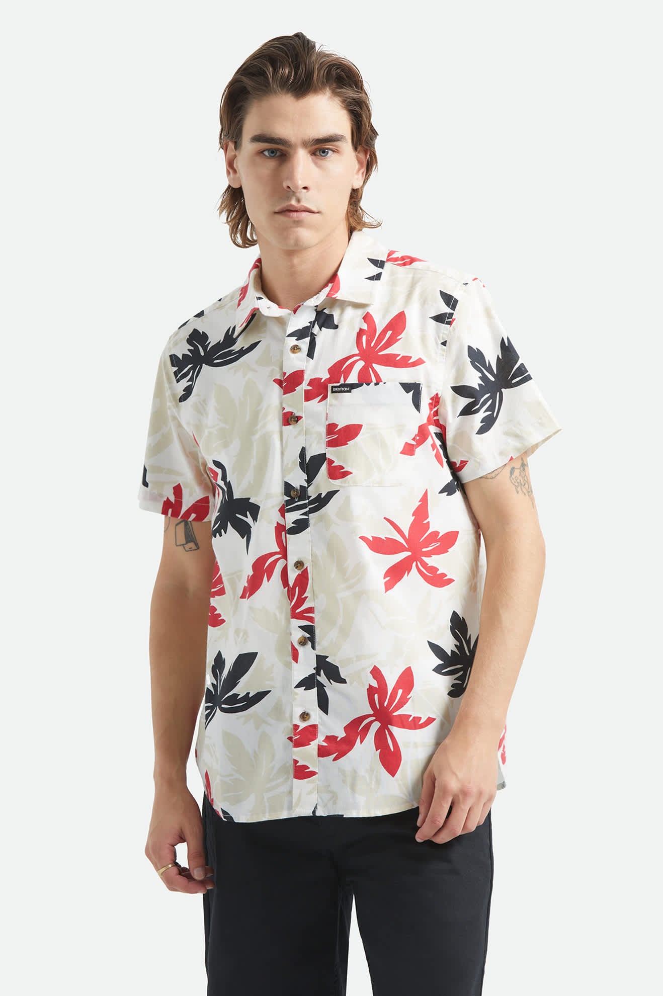 Men's Charter Print Short Sleeve Shirt in the color Off White/Black/Red Palm Floral - Men's Front View