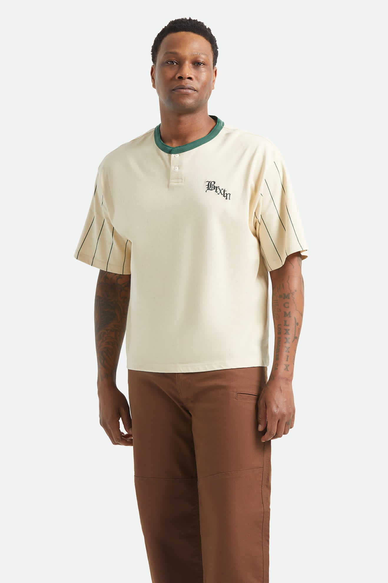 Men's Boxy Short Sleeve Baseball T-Shirt in the color Whitecap/Primal Green - Men's Front View