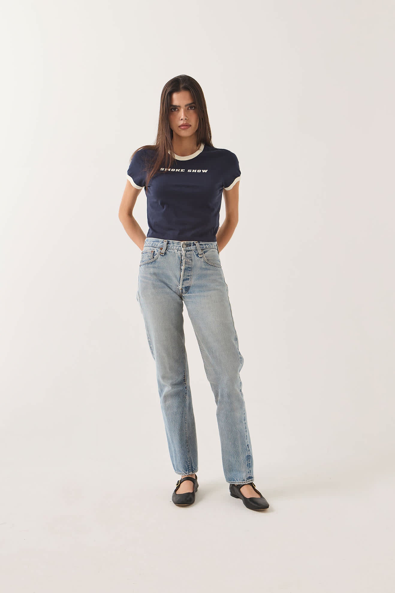 Women's Smoke Show Baby T-Shirt in the color Washed Navy/Whitecap - Women's Front View