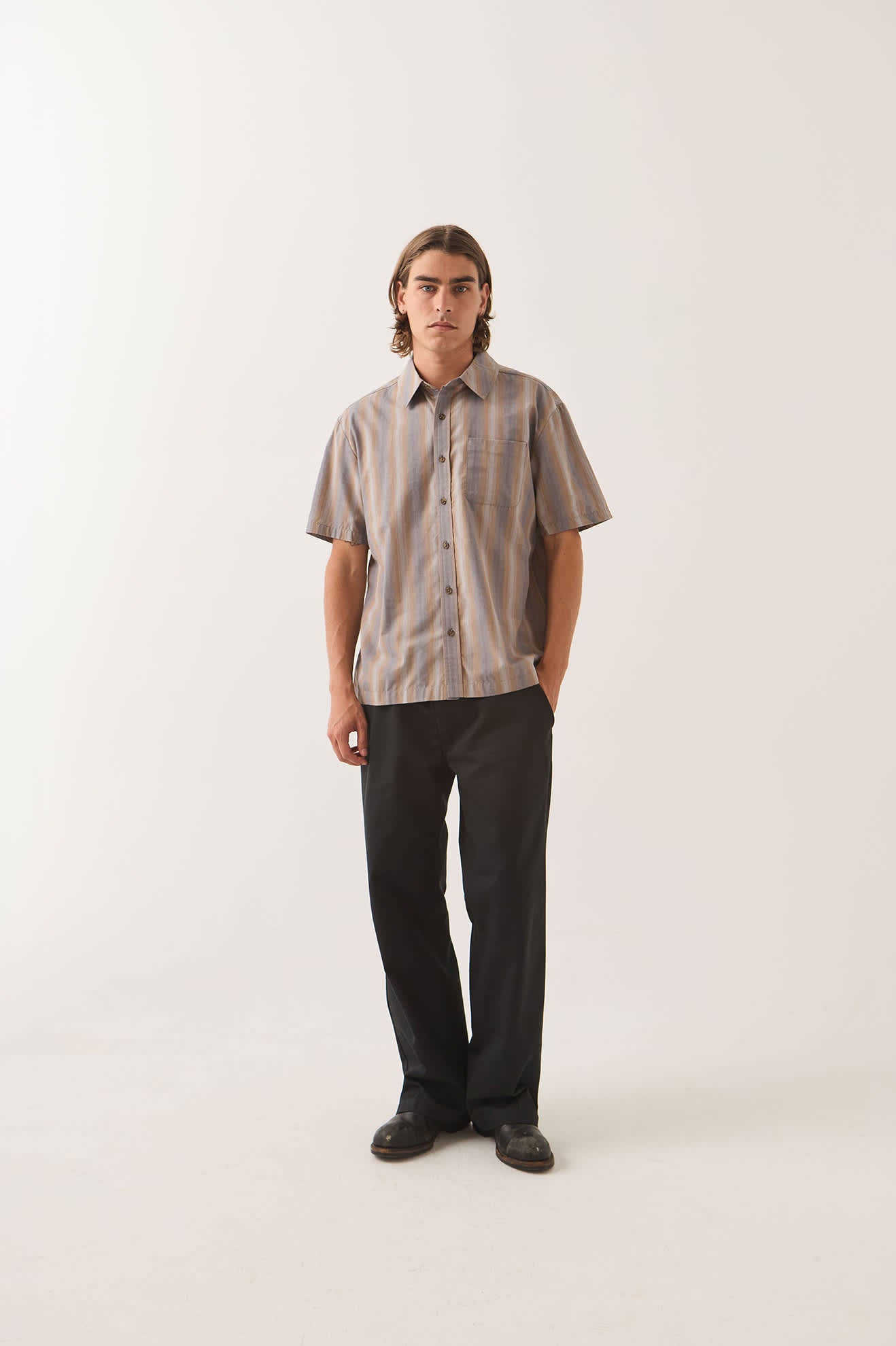 Men's Cru Shirt in the color Charcoal Shadow Stripe - Men's Front View