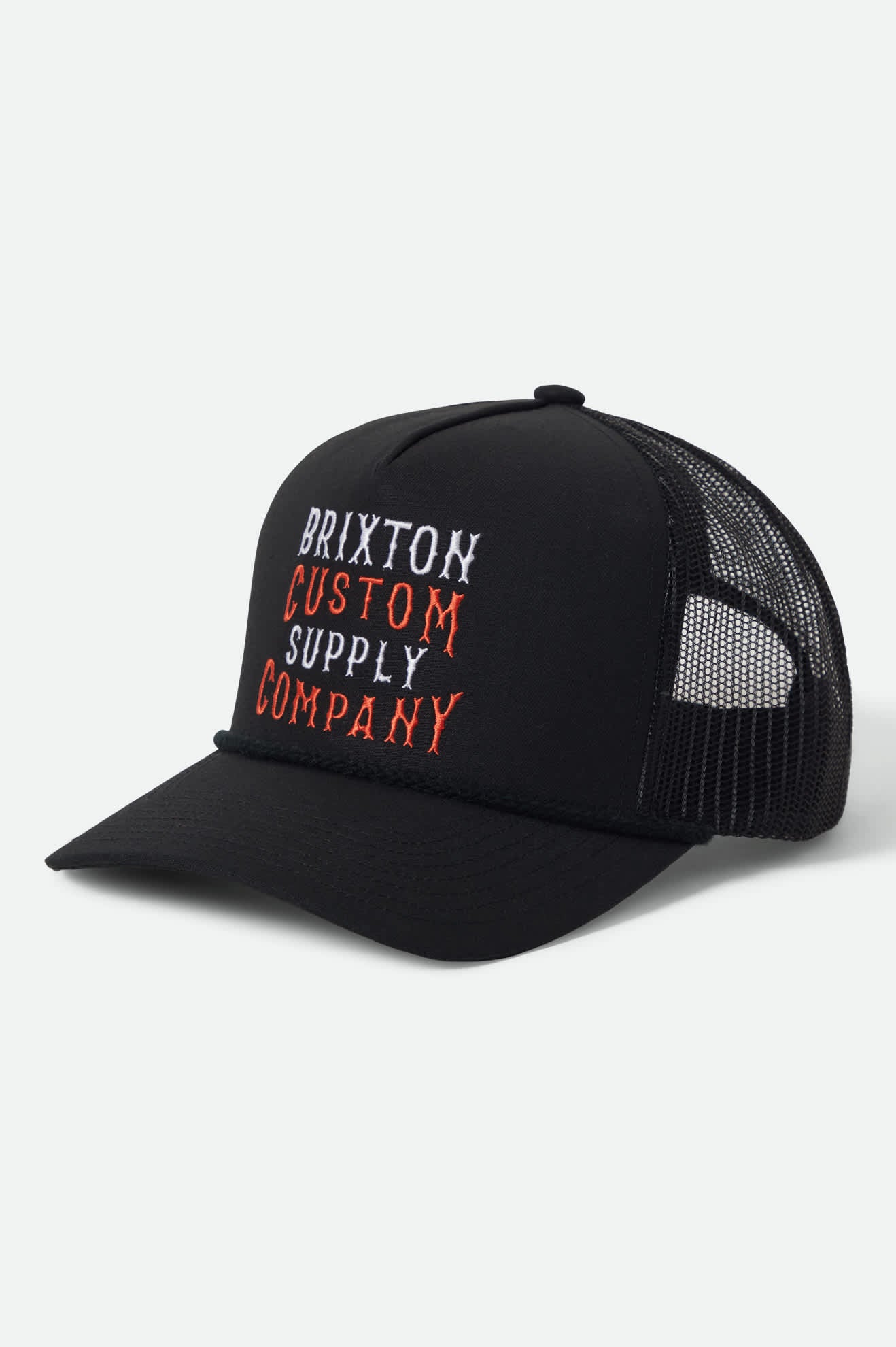Unisex Wheaton NetPlus Trucker Hat in the color Black/Black - Front Product View