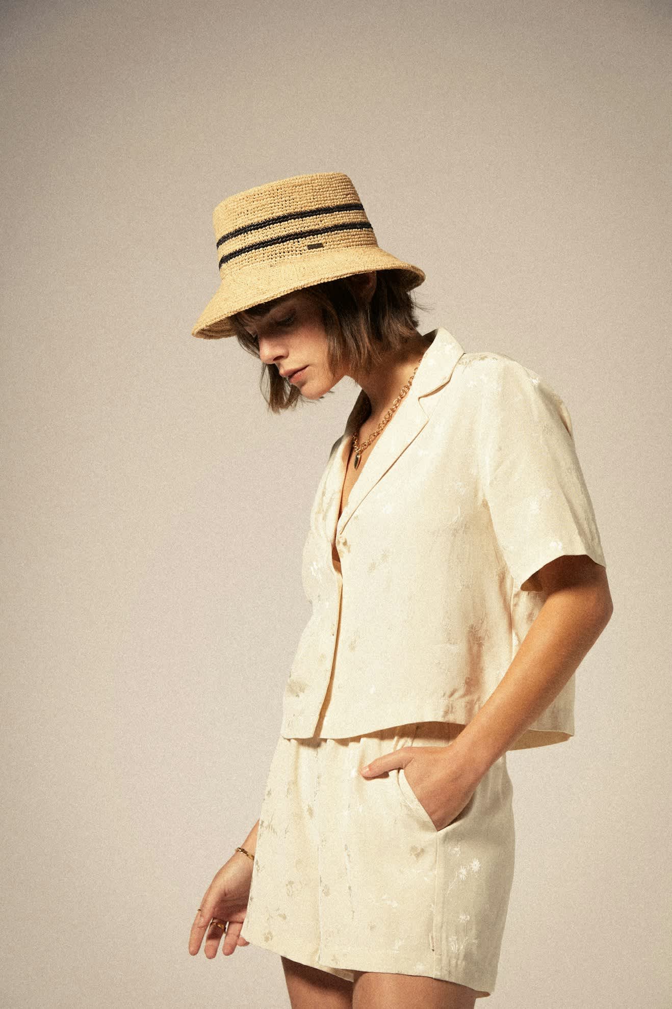 Women's Silky S/S Jacquard Button Down in the color Whitecap Floral Jacquard - Women's Side View