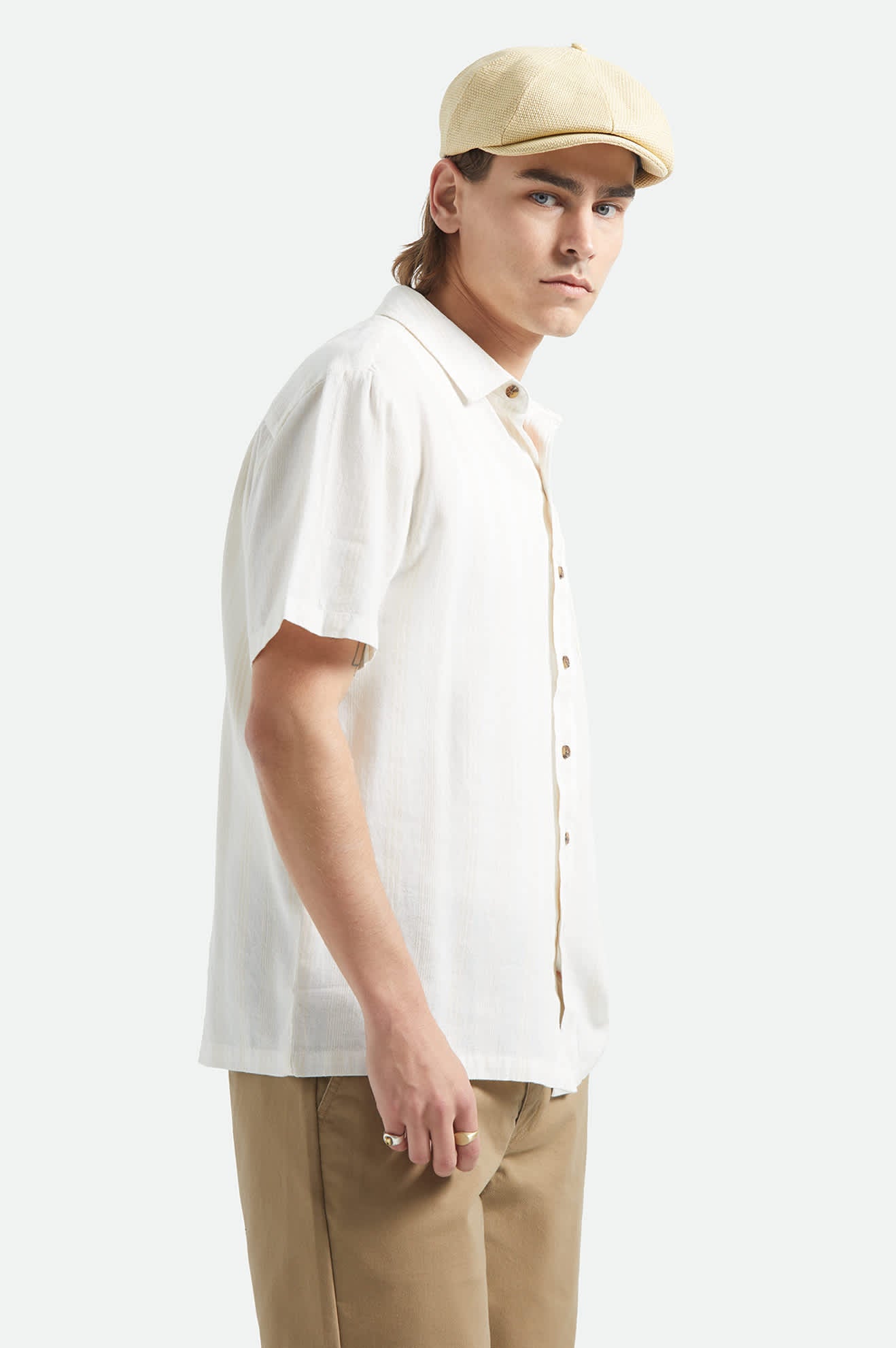 Men's Charter Stripped Dobby Short Sleeve Shirt in the color Off White - Additional Fit image