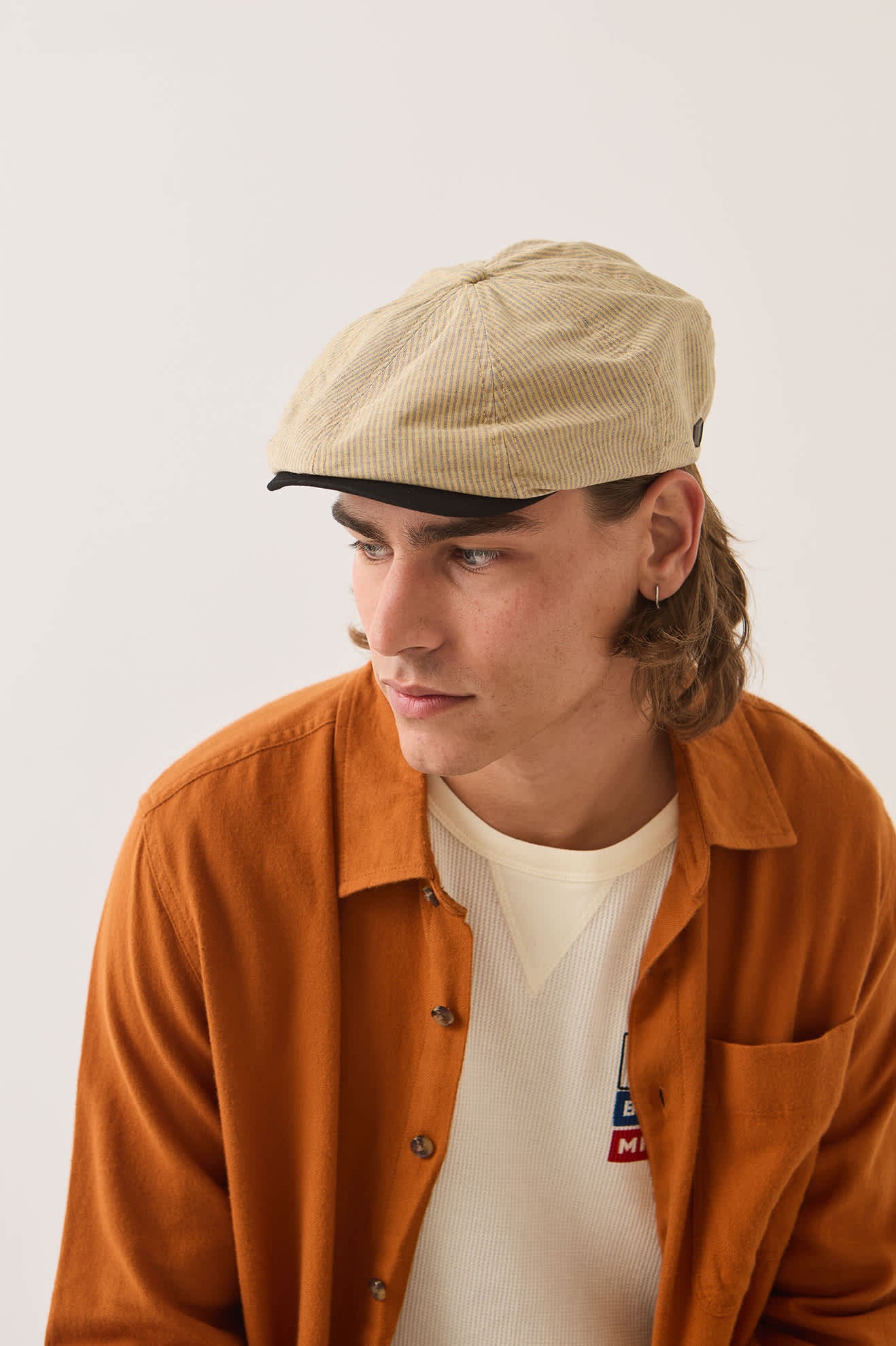 Unisex Brood Newsboy Cap in the color Khaki Stripe/Washed Black - Additional Fit image