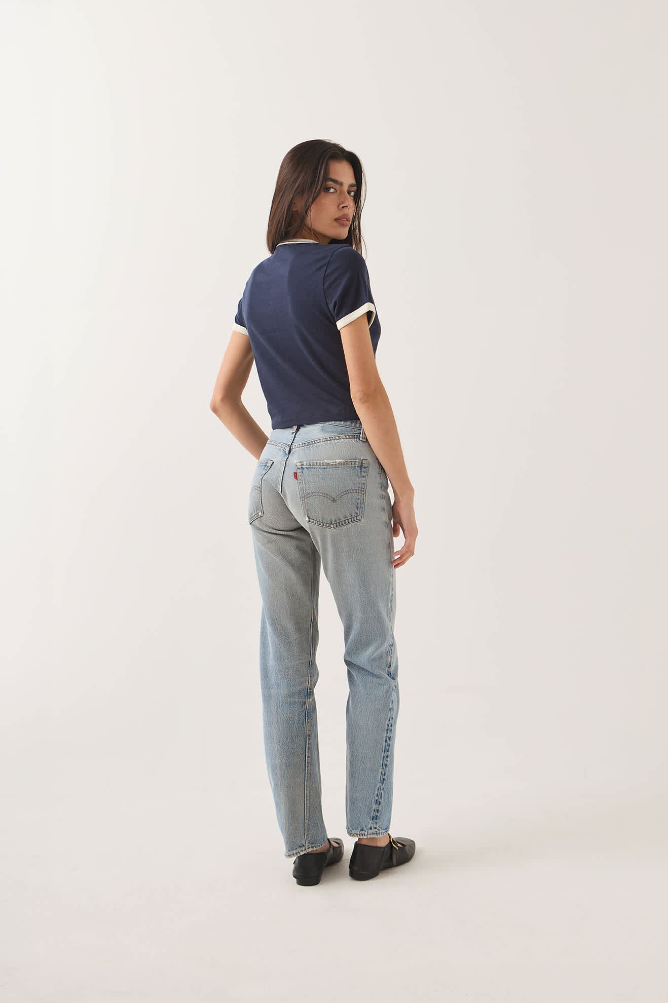 Women's Smoke Show Baby T-Shirt in the color Washed Navy/Whitecap - Women's Back View