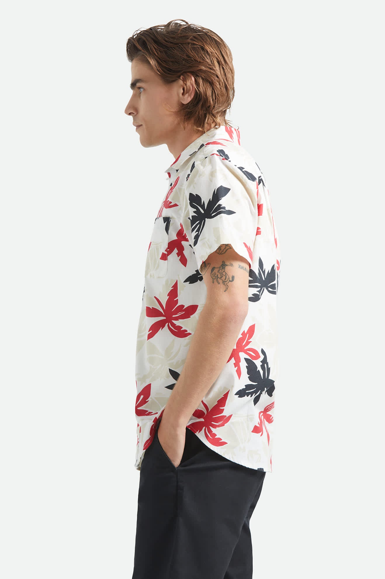 Men's Charter Print Short Sleeve Shirt in the color Off White/Black/Red Palm Floral - Men's Side View
