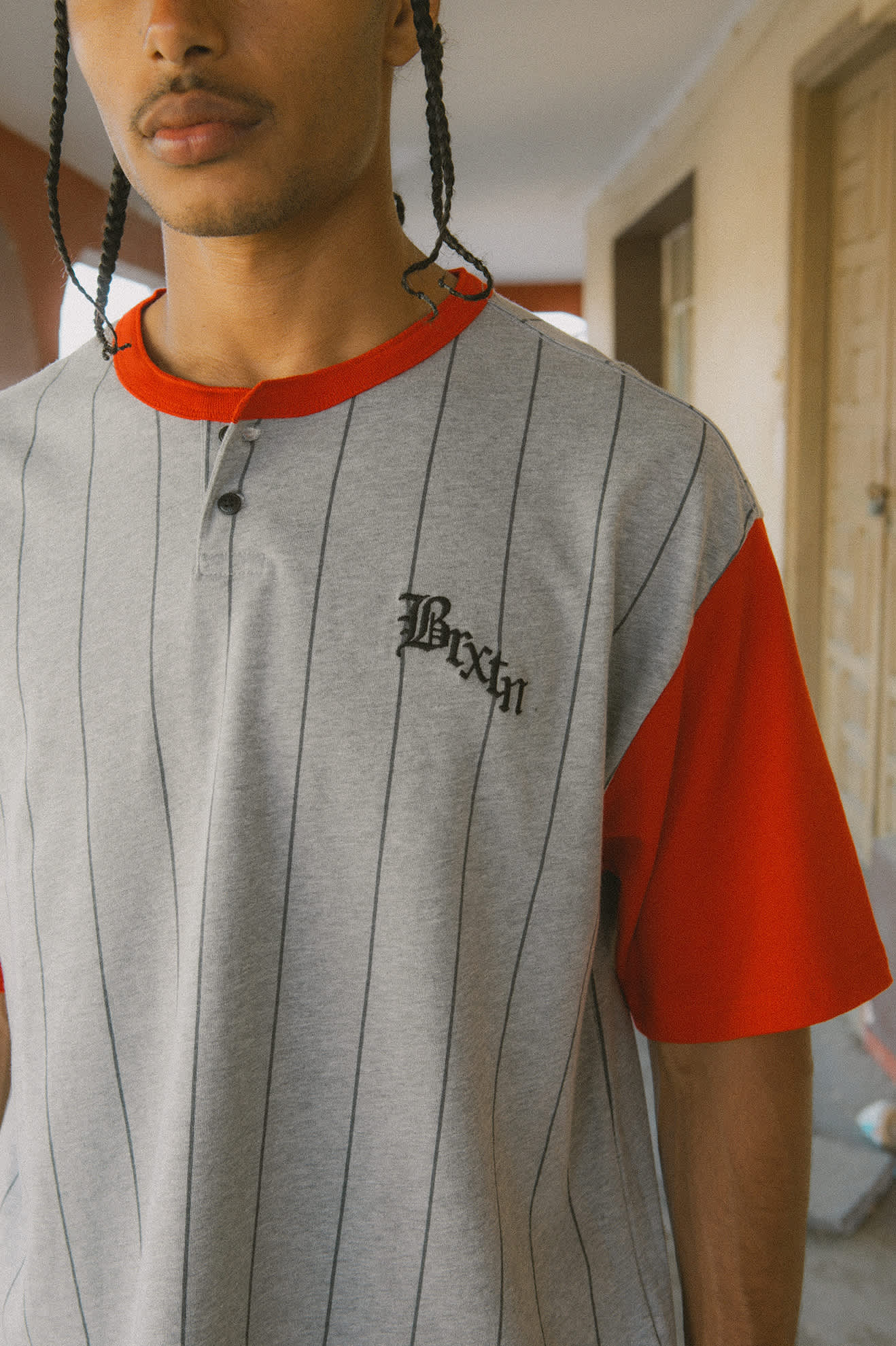 Men's Boxy Short Sleeve Baseball T-Shirt in the color Heather Grey/Adrenaline Rush - Men's Lifestyle image