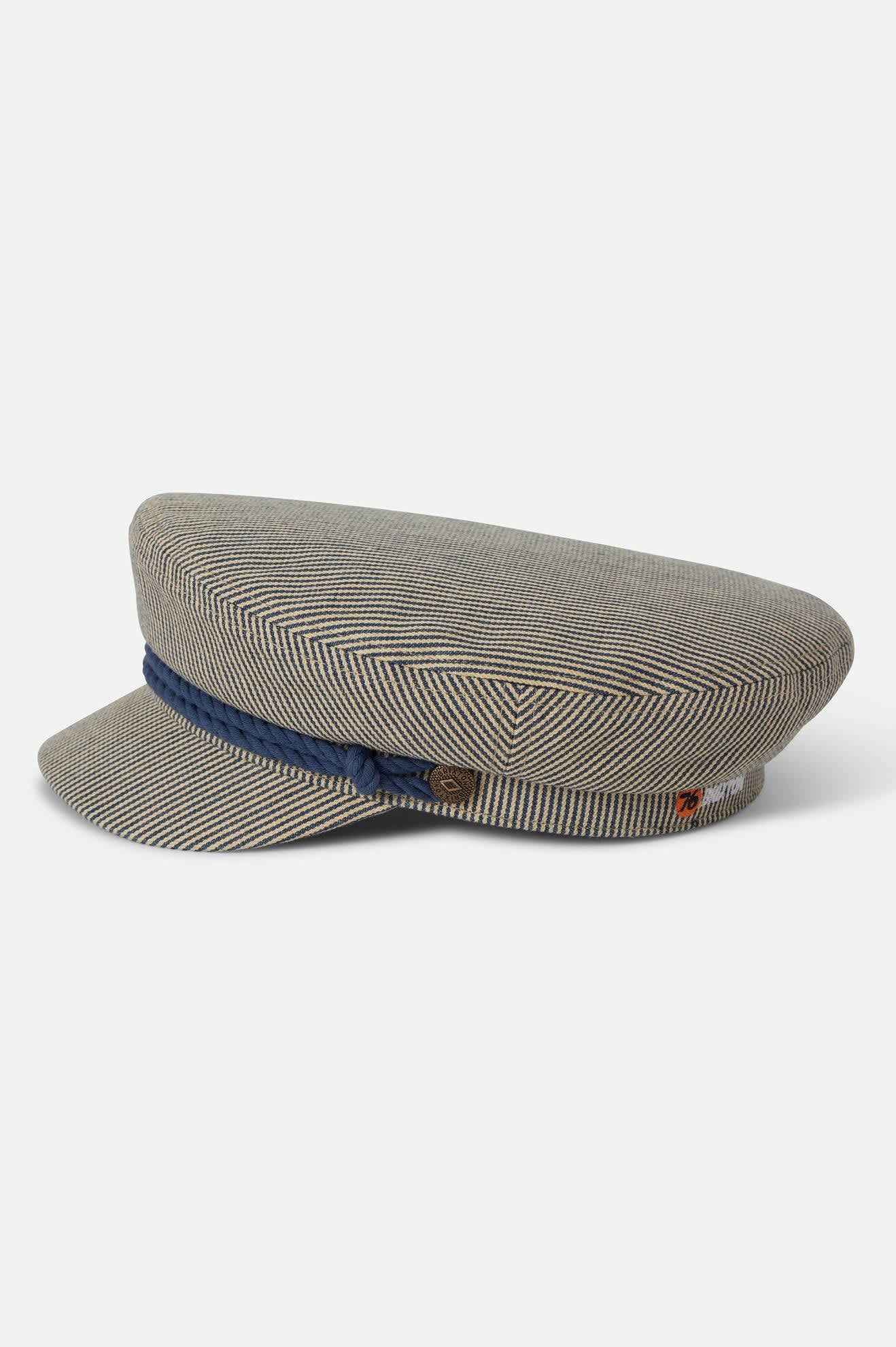 Unisex 76 Fiddler Fisherman Cap in the color Navy/Off White Hickory Stripe - Additional Laydown image
