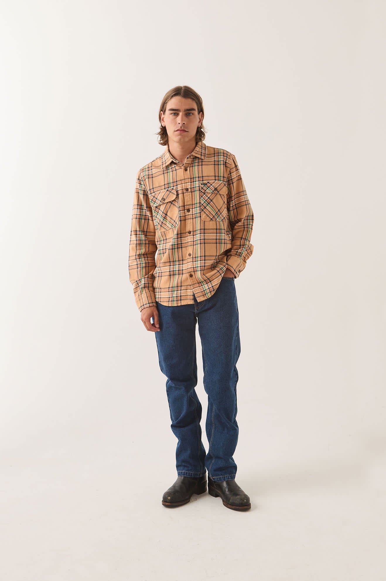 Men's Bowery Flannel in the color Khaki/Multi - Men's Front View