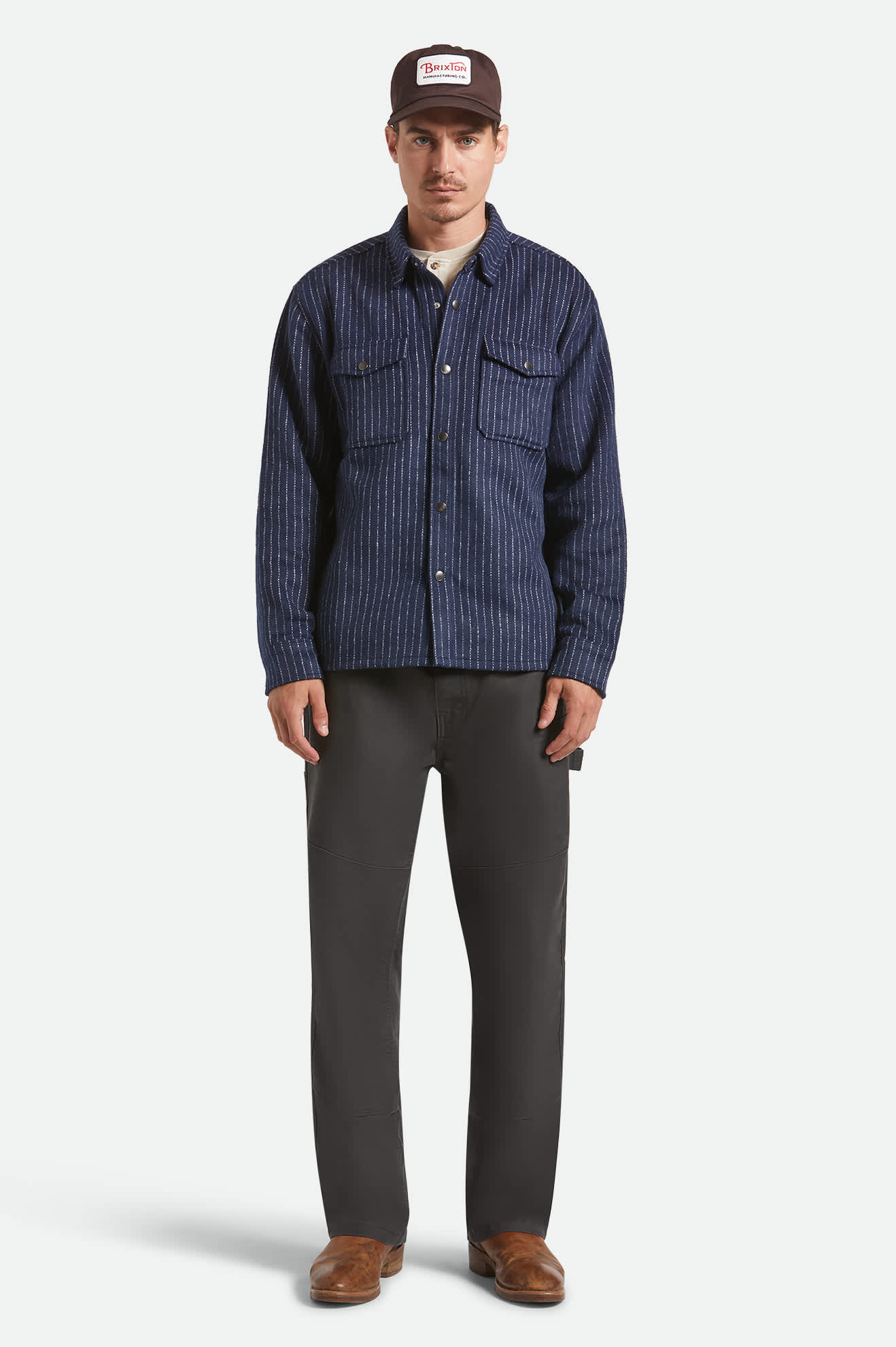 Men's Selden Soft Brushed Flannel in the color Mood Indigo Pinestripe - Additional Fit image