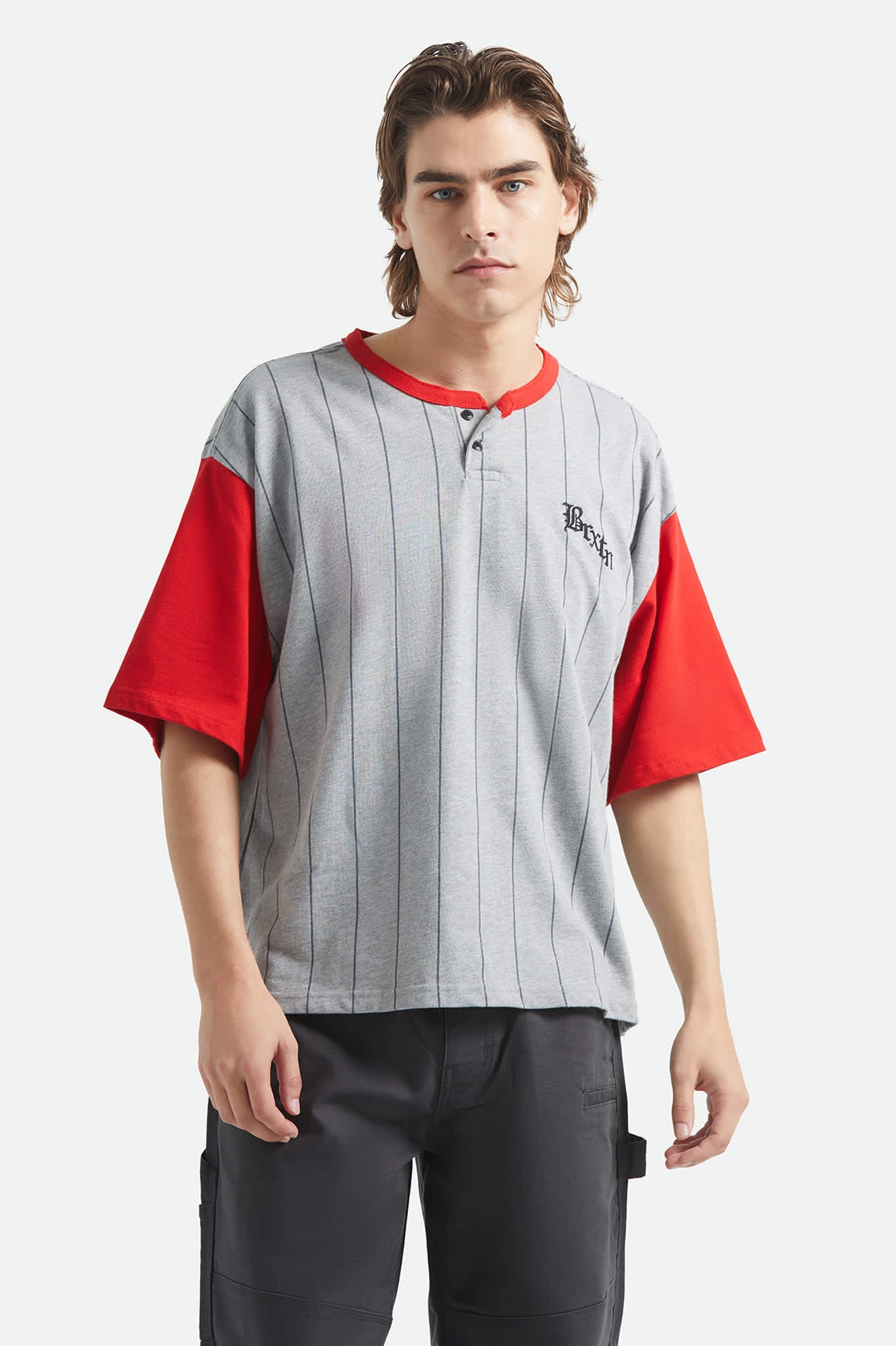Men's Boxy Short Sleeve Baseball T-Shirt in the color Heather Grey/Adrenaline Rush - Men's Front View